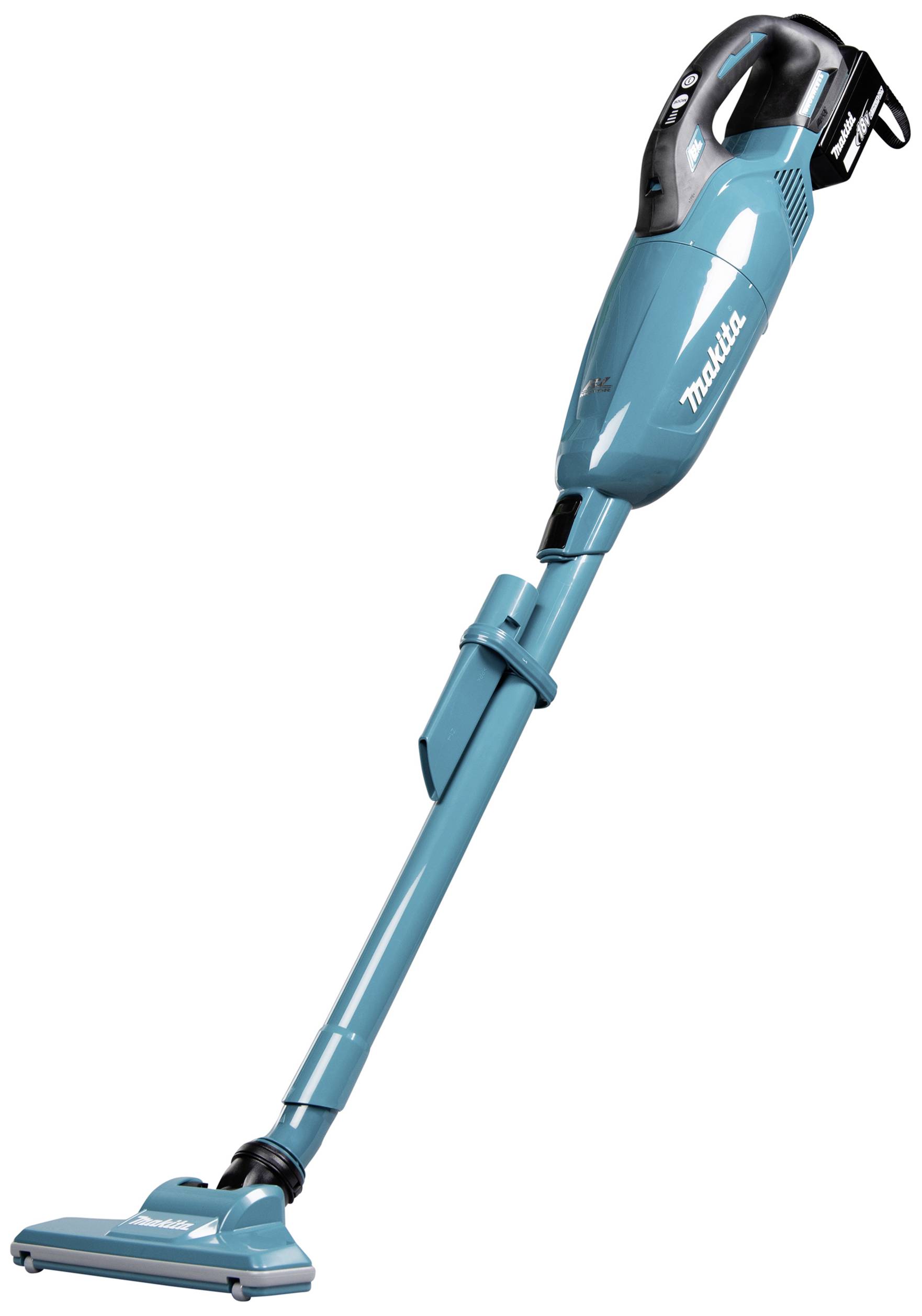 Een blauwe, draadloze stofzuiger die rechtop staat, met een slanke vormgeving en een mondstuk aan de onderkant, duidelijk ontworpen voor gemakkelijk gebruik in huis.