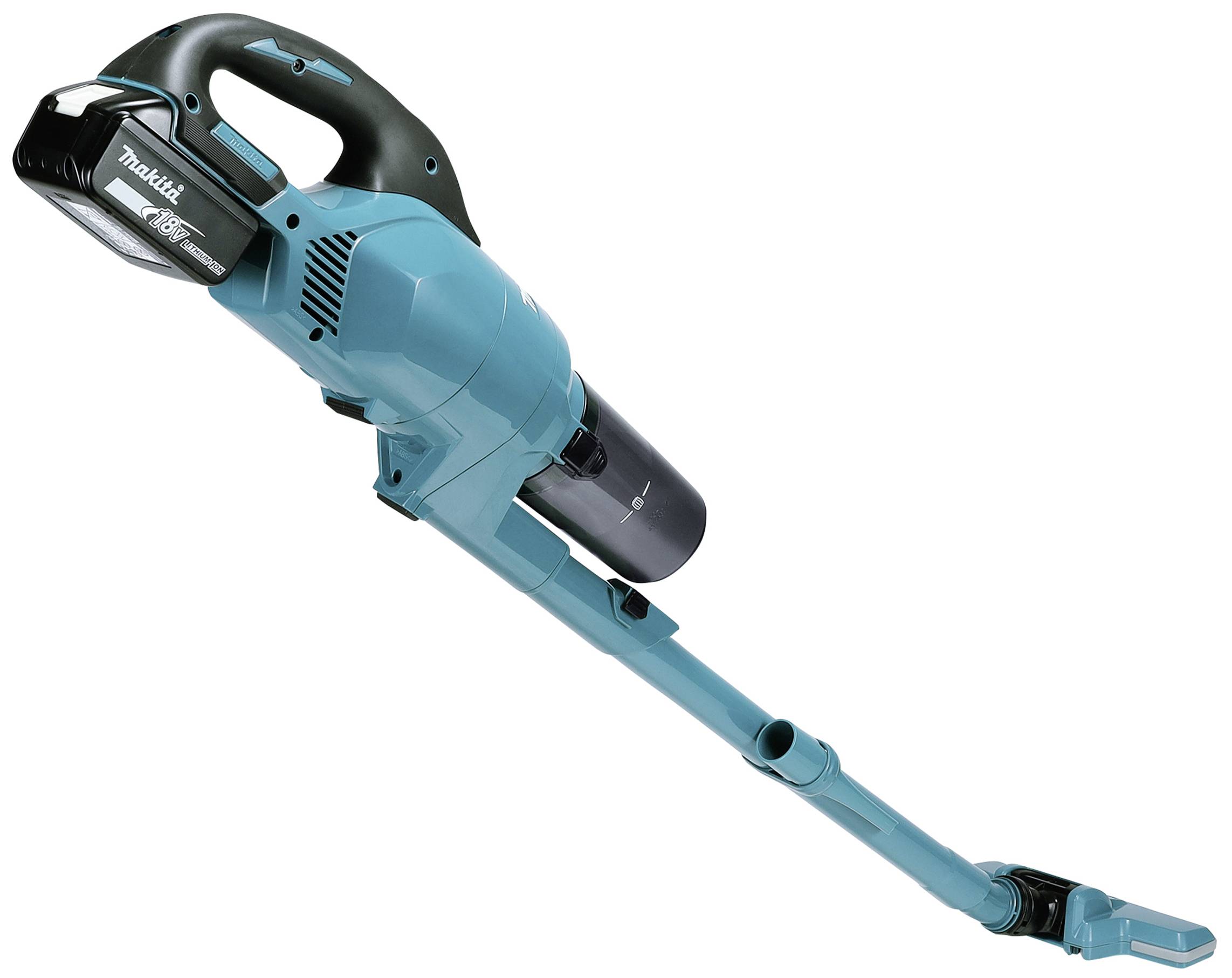 Draadloze, blauwe handstofzuiger met lange zuigbuis. Geschikt voor flexibele schoonmaakwerkzaamheden in verschillende omgevingen.