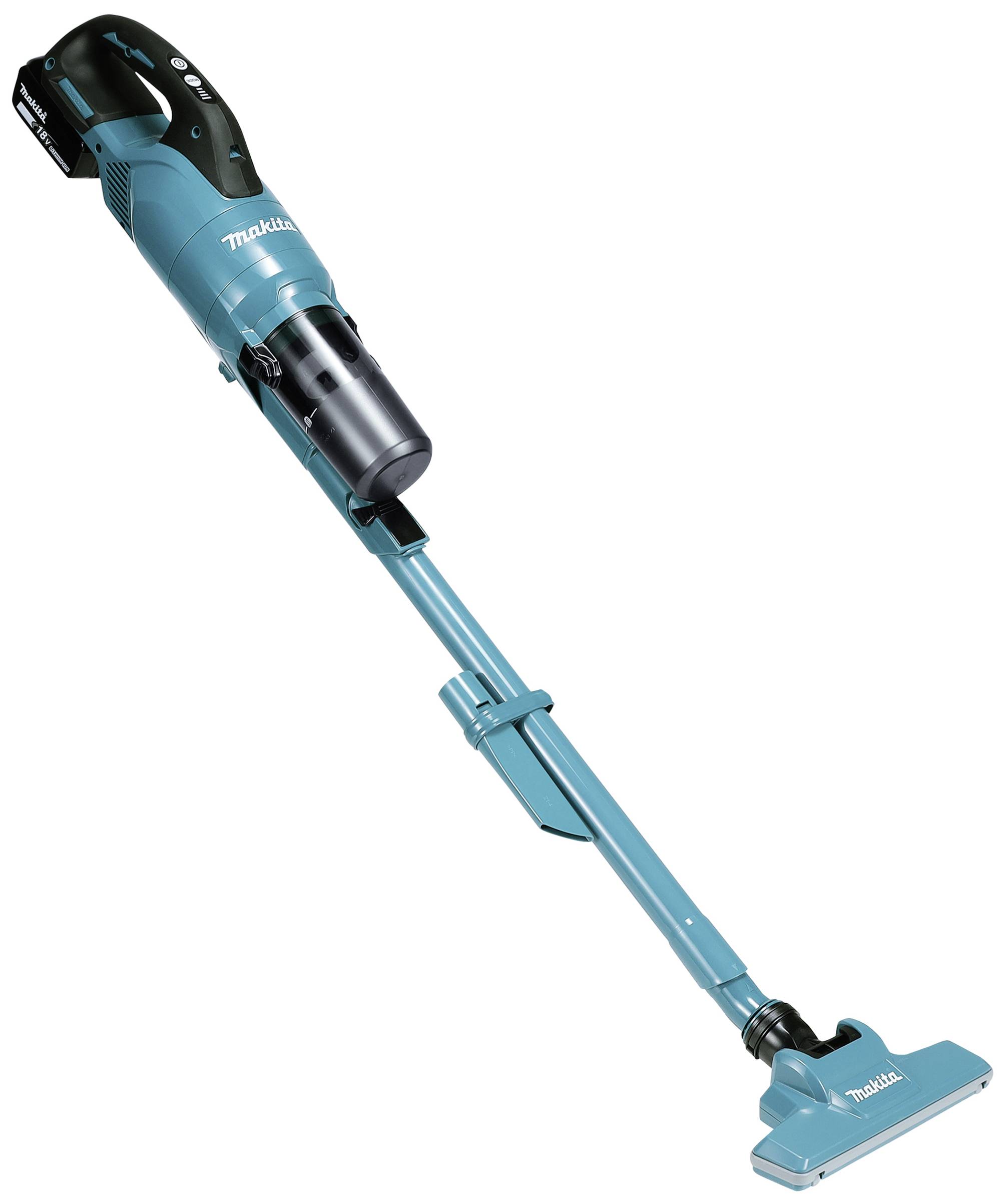 Steelstofzuiger in turquoise kleur met afneembaar handvat, uittrekbare steel en vloerzuigmond. Geschikt voor flexibel stofzuigen.