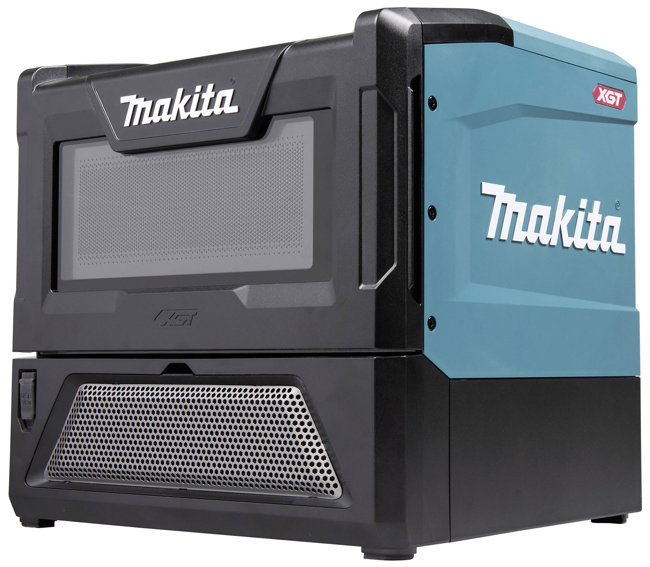 Draagbare oven van Makita op een tafel, met een robuust ontwerp in zwart en blauw.