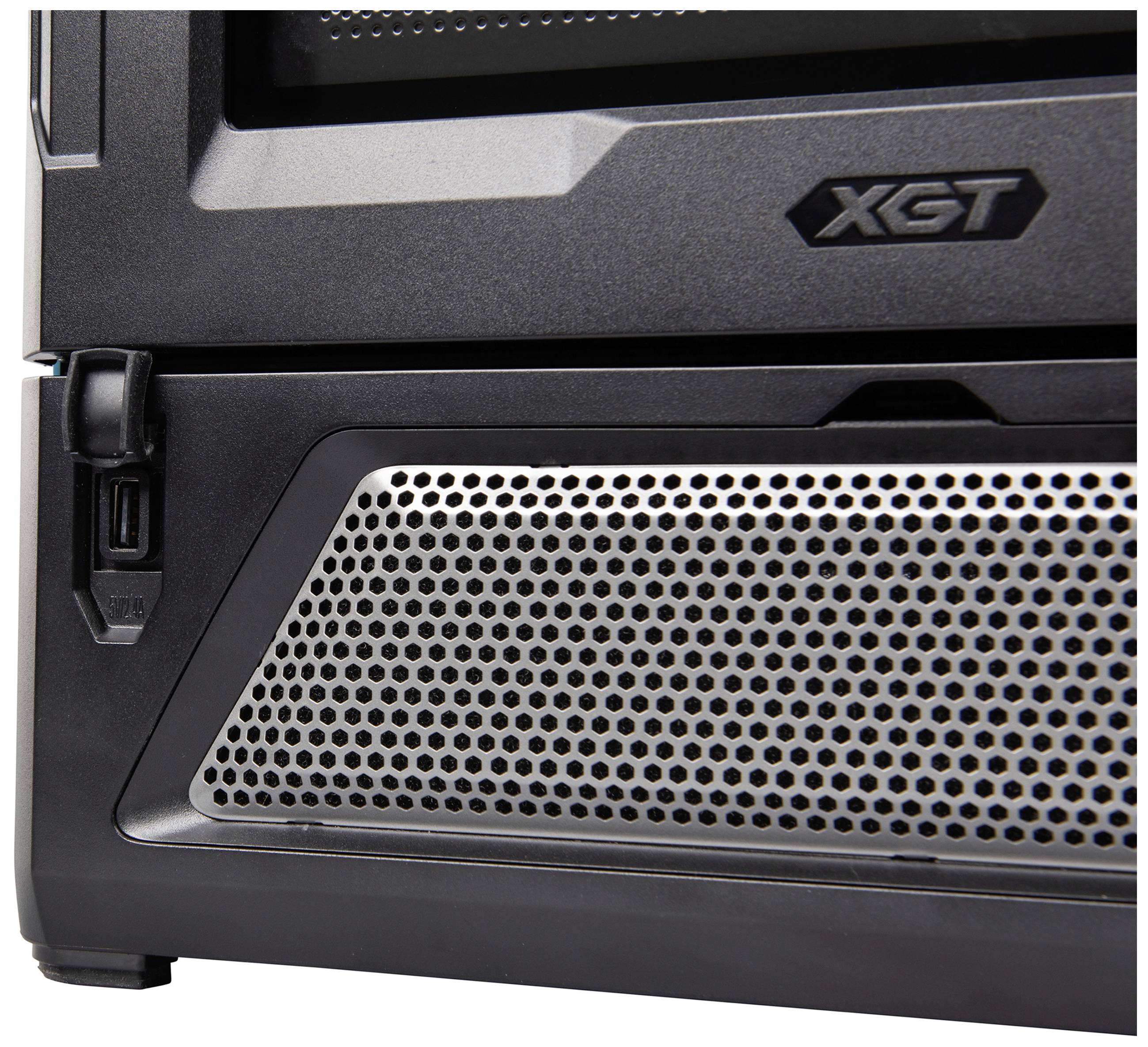 Een onderdeel van een technisch apparaat met het logo 'XGT', luchtspleten en een kleine schakelaar aan de linkerkant.