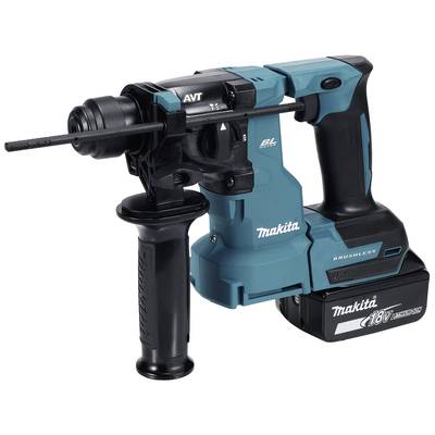 Een boormachinevormig elektrisch apparaat in blauw en zwart met een ergonomische handgreep en een verwisselbaar accupakket.