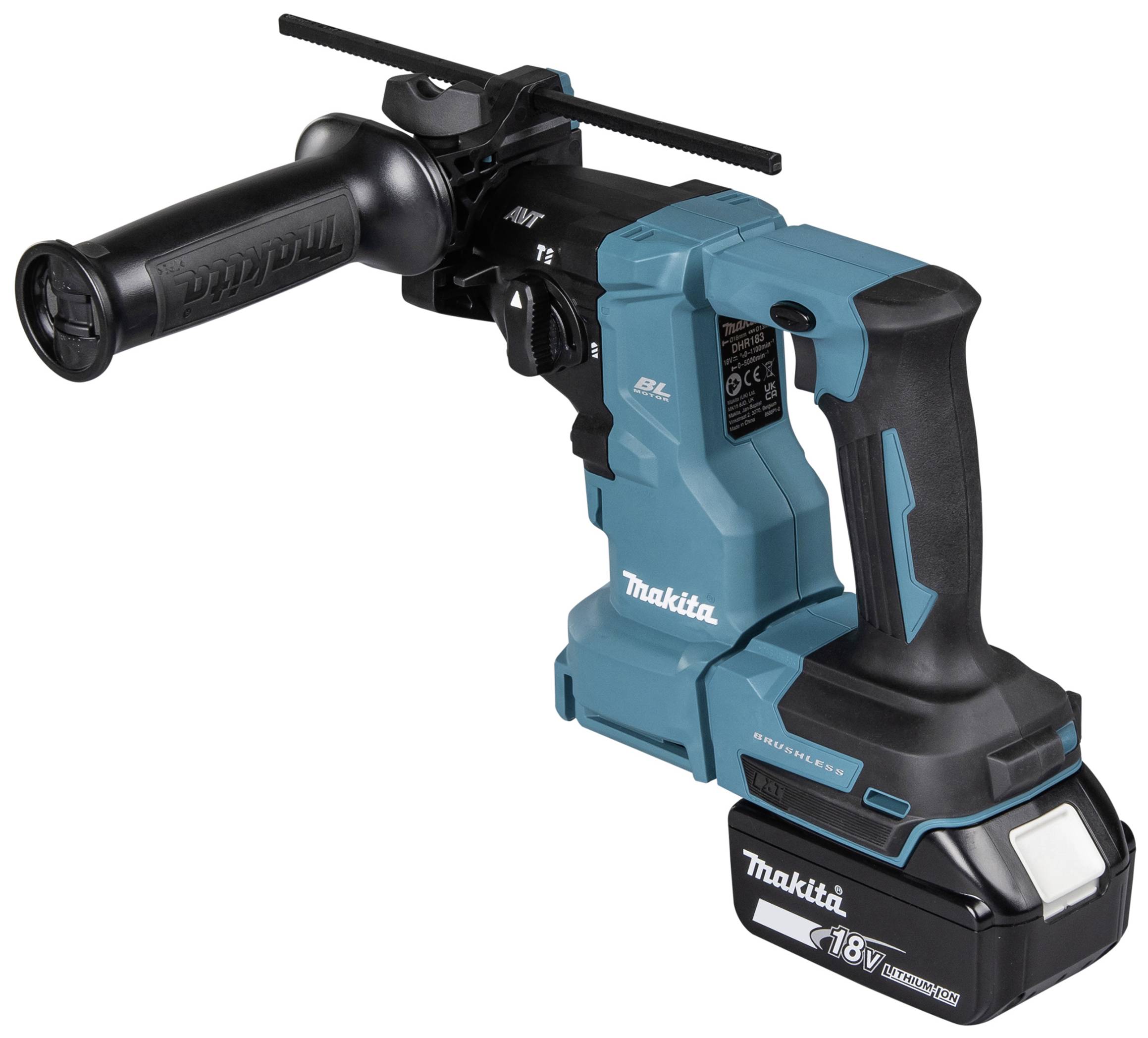 Een draadloze Makita-boorhamer met 18V-accu, ergonomische handgreep en extra handgreep voor nauwkeurig boren en beitelen.