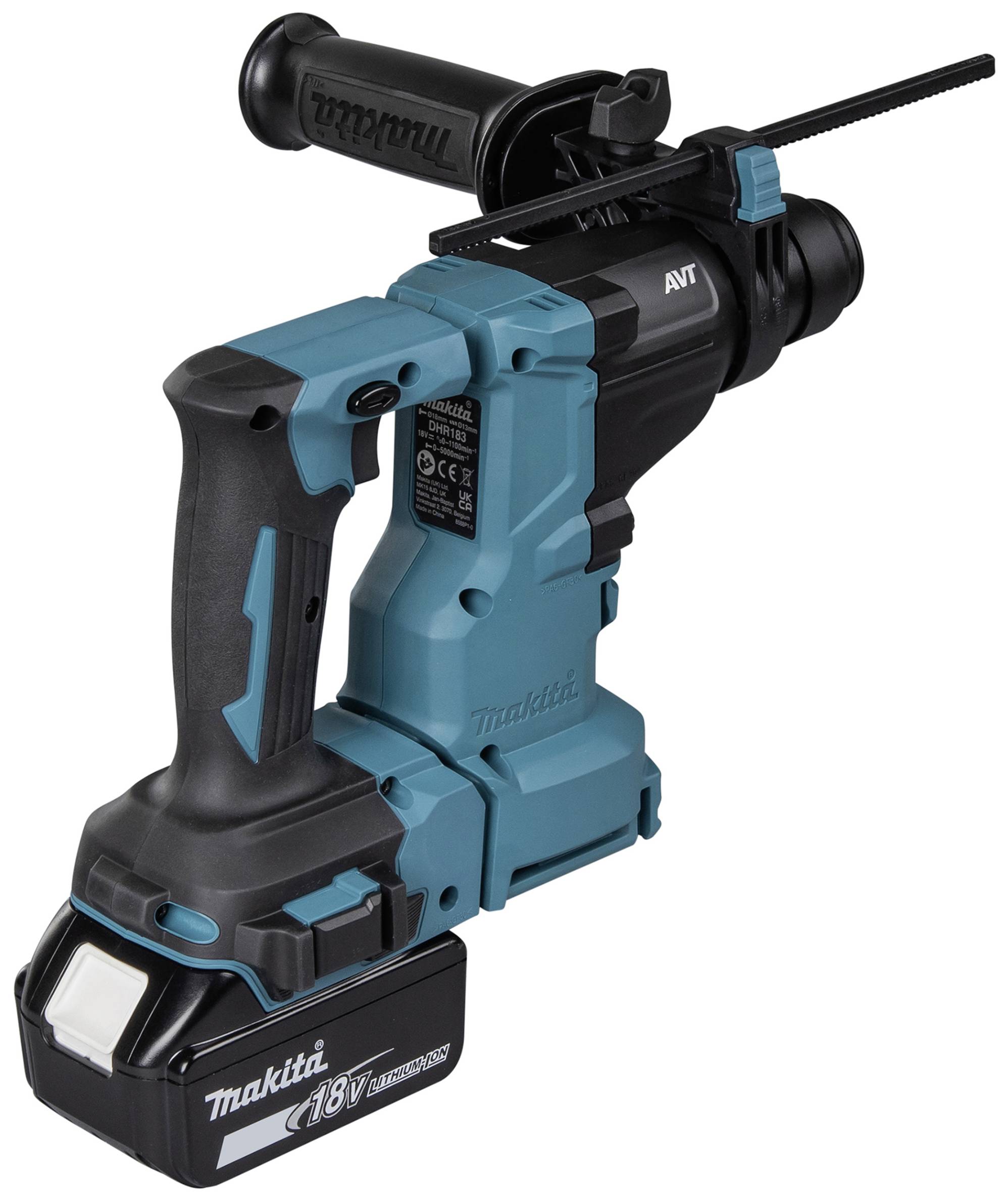 Accu-boorhamer van het merk Makita, model '18V' in blauwe kleur, met ergonomische handgreep en accu aan de onderkant.