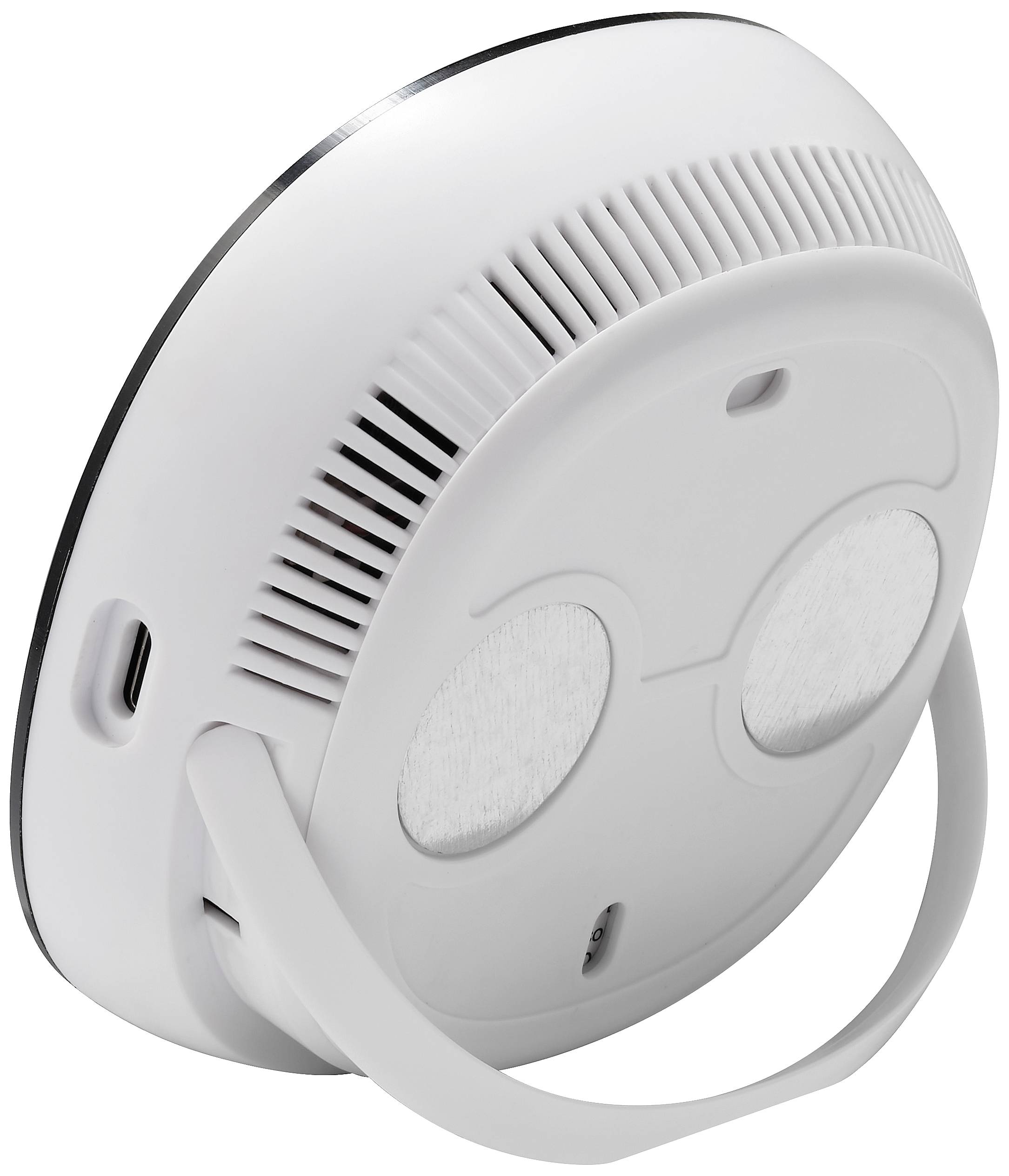 Een witte, ronde rookmelder met een bevestigingsbeugel, achteraanzicht. Hij heeft ventilatiesleuven en twee ronde sensoropeningen.