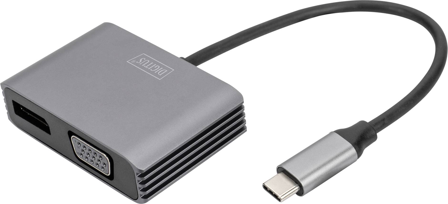 Een USB-C-adapter met VGA- en HDMI-aansluitingen, geschikt voor het aansluiten van apparaten op schermen of projectoren.