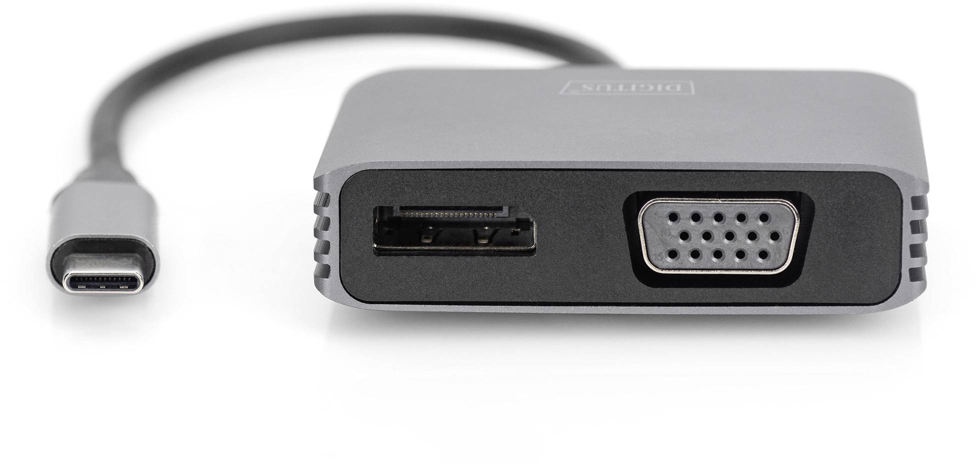 Adapter met USB-C-aansluiting aan de ene kant en DisplayPort en VGA-uitgang aan de andere kant, voor het verbinden van apparaten.