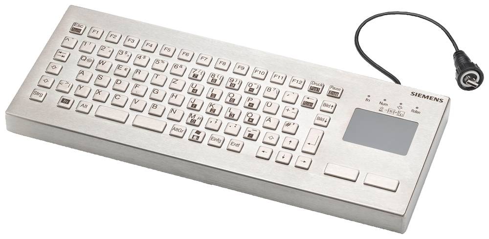 Een robuuste computertastatuur met geïntegreerd touchpad en speciale functietoetsen van Siemens, geschikt voor industriële toepassingen.