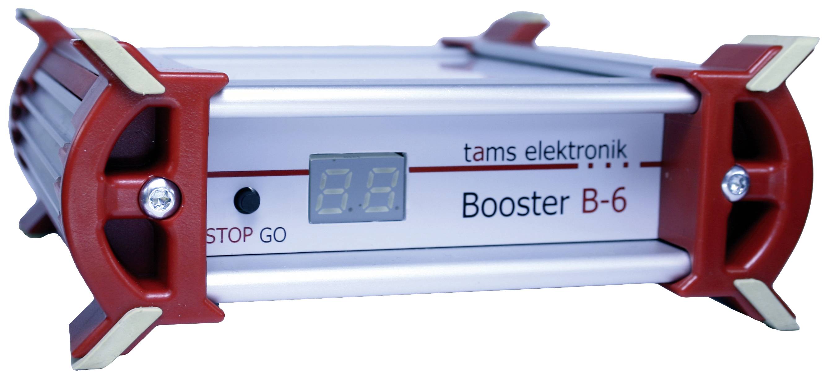 Een elektronisch apparaat genaamd 'Booster B-6' met digitaal display, rode en zilveren behuizingselementen, van Tams Elektronik.