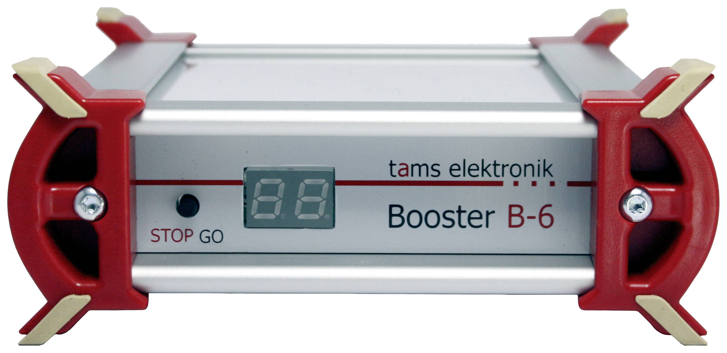 Een rechthoekige elektronische booster B-6 in rode en zilveren kleur, merknaam 'tams elektronik', LED-display toont '88'.