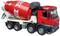 Rode speelgoed betonmixer met een rood-witte trommel, geplaatst op een gladde ondergrond.