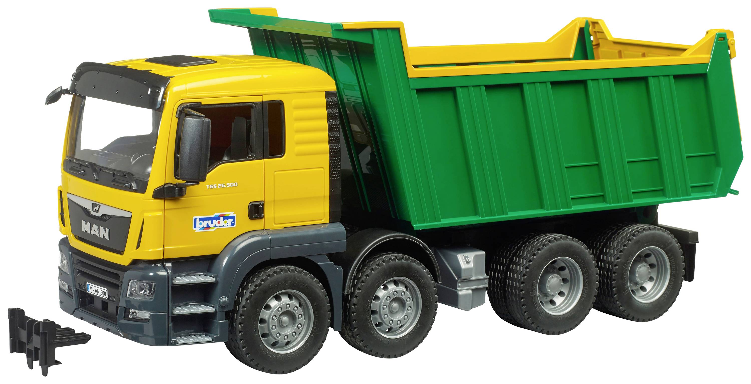 Een speelgoed-vrachtwagen-model met een gele cabine en een groene kiepbak. Het model heeft zes wielen en is gedetailleerd vormgegeven.