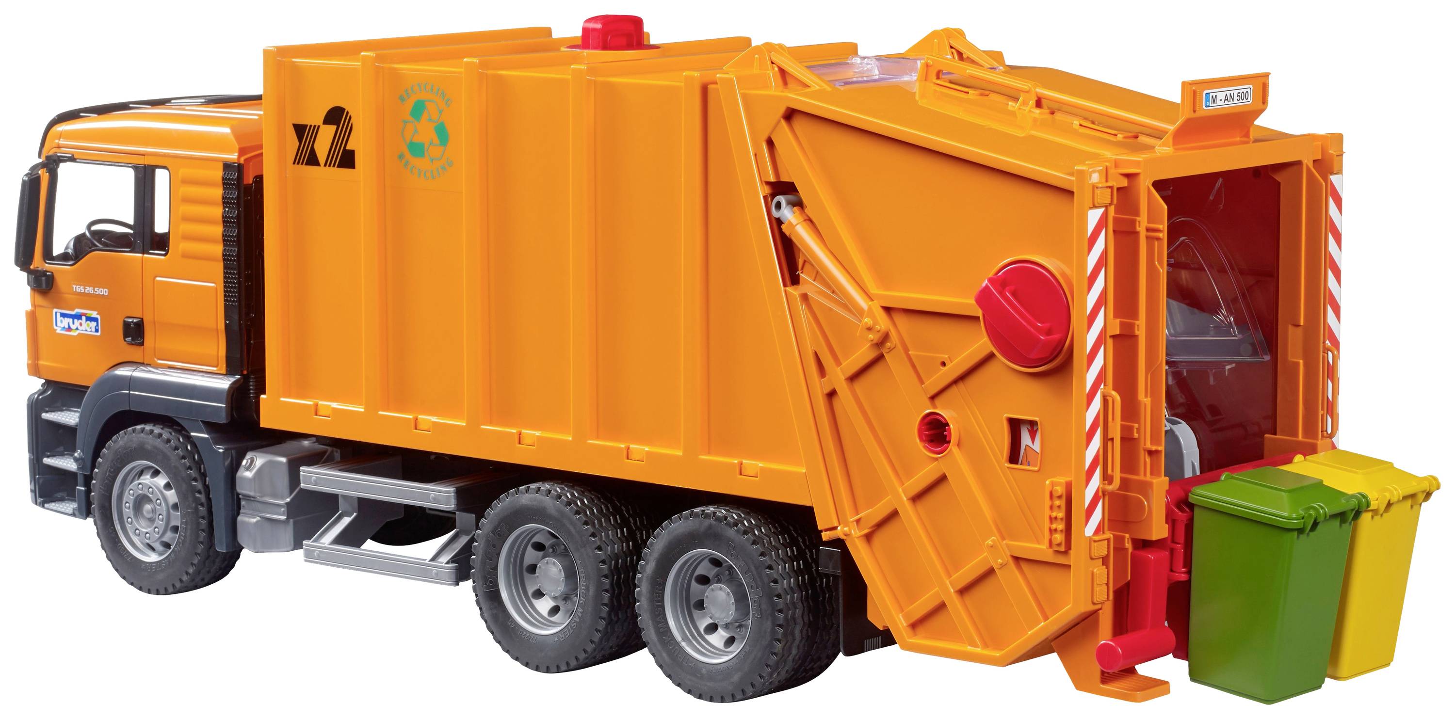 Oranje vuilniswagen leegt afvalcontainers met klep aan de achterkant.