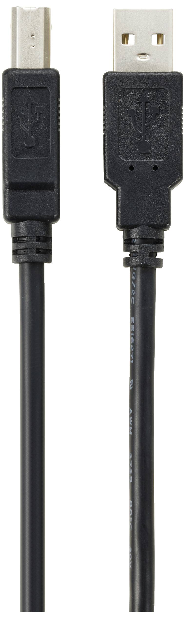 Twee zwarte kabeluiteinden: links een USB-B-stekker, rechts een USB-A-stekker, vaak gebruikt voor printers en computerverbindingen.