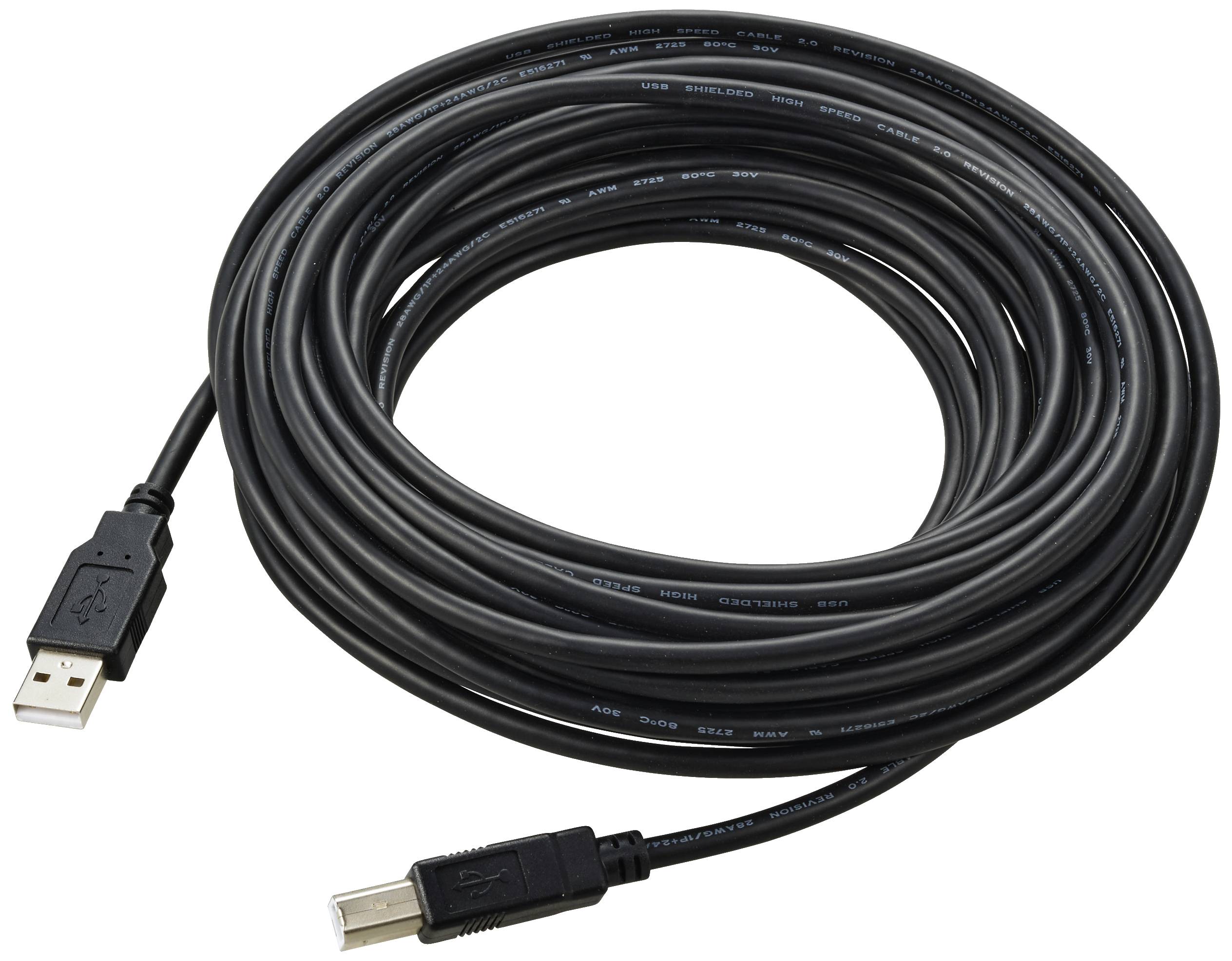 Een lang, opgerold USB-kabel met een USB-A-stekker en een USB-B-stekker, geschikt voor het aansluiten van apparaten zoals printers.