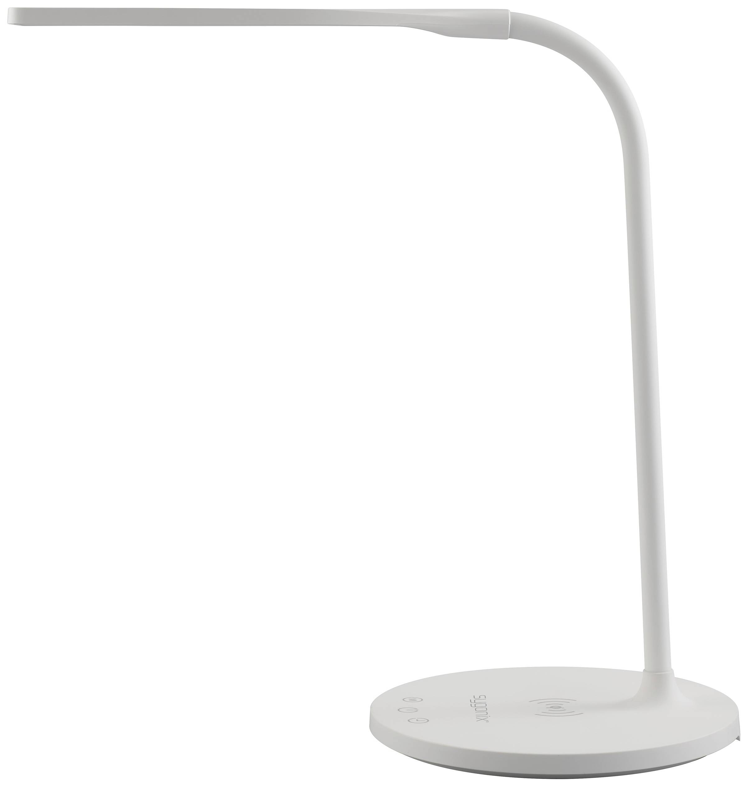 Een minimalistische witte bureaulamp met een gebogen arm en rond voetstuk, ideaal voor modern kantoorontwerp.
