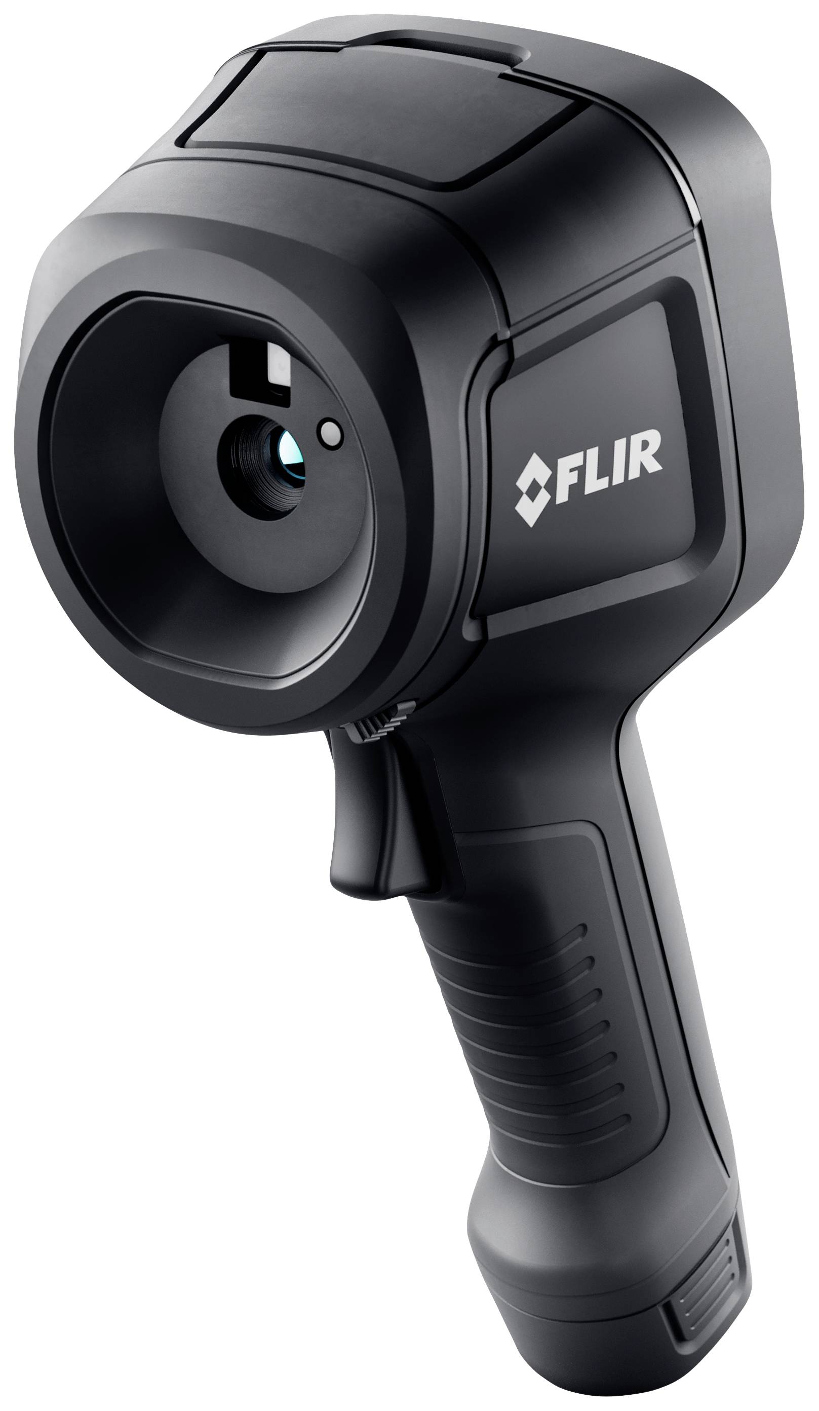 Een zwarte warmtebeeldcamera met een ergonomische handgreep en het 'FLIR' logo aan de zijkant.