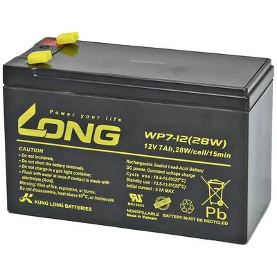 Zwarte Lood-Zuur-Accu, Model 'WP7-12(28W)'. Opschrift: '12V, 7Ah, 28W/cel/15min'. Waarschuwingen en recycling-symbolen.