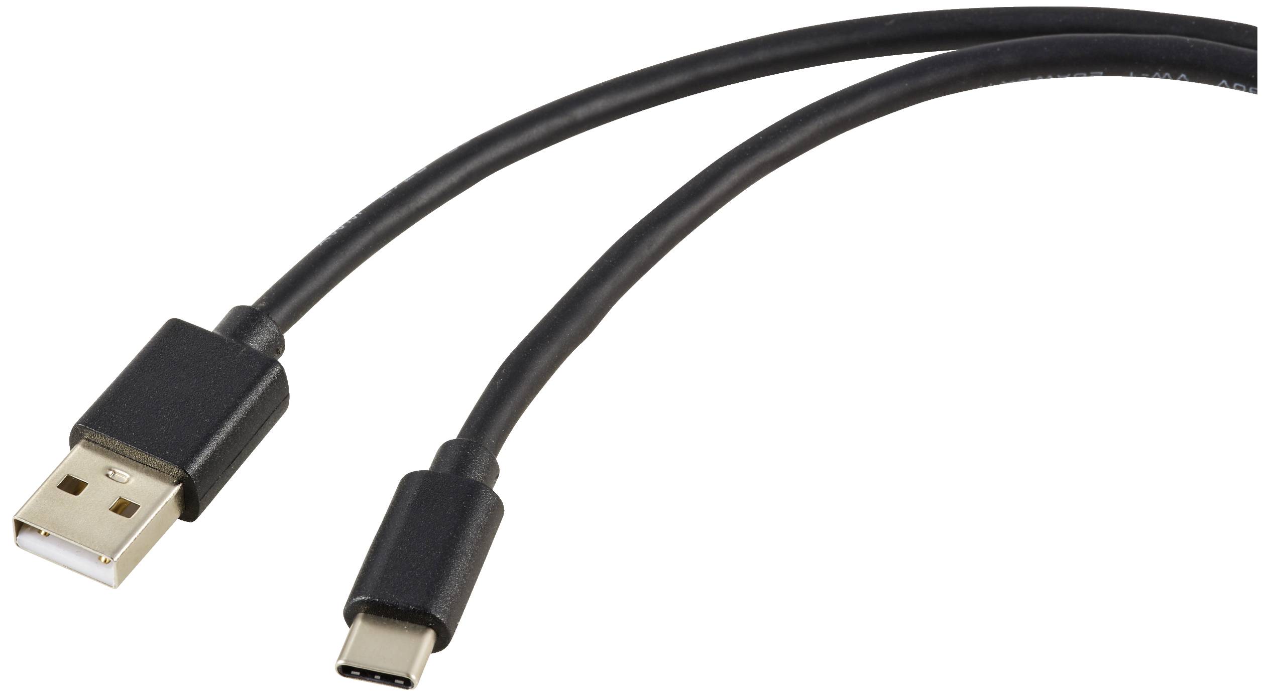 Een zwart USB-kabel met een USB-A-stekker en een USB-C-stekker, gebruikt voor gegevensoverdracht en opladen.