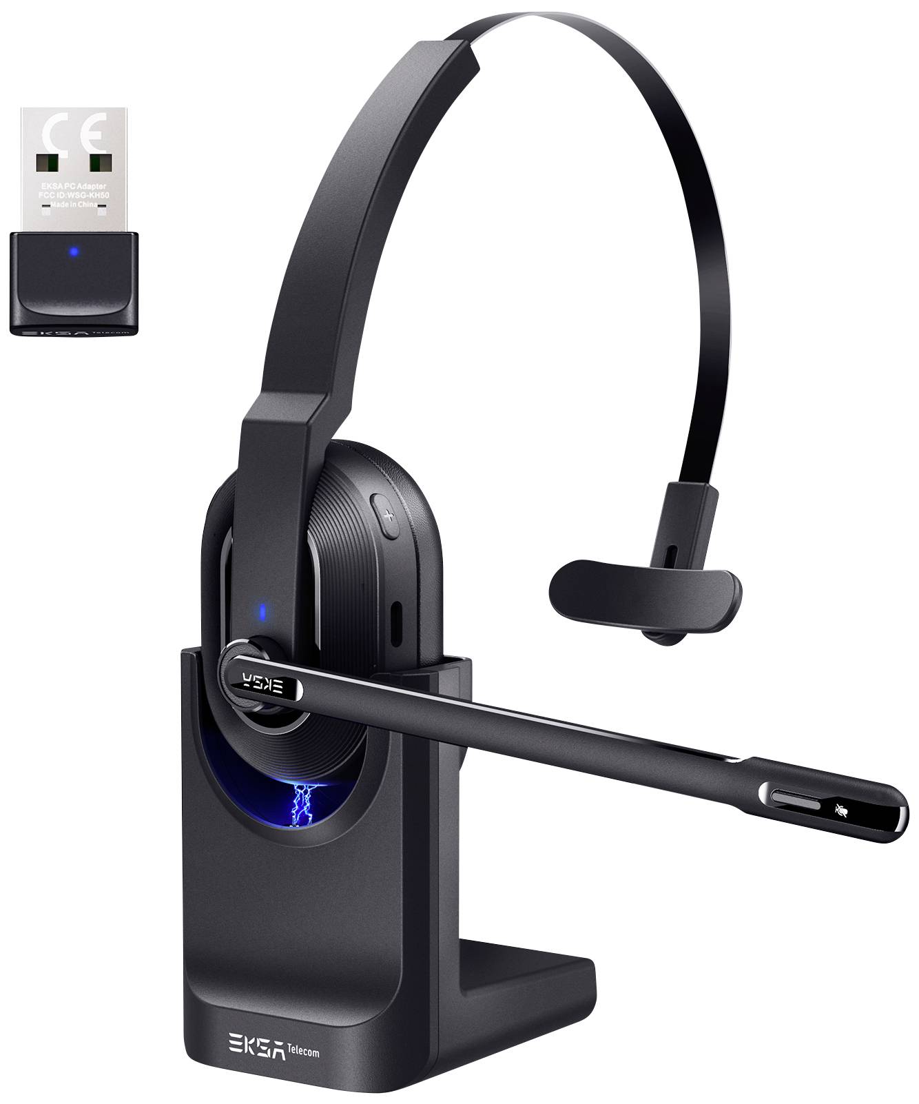 Draadloze headset met microfoon en laadstation, getoond met verwijderbare USB-adapter. Ideaal voor gesprekken, ergonomisch ontwerp.