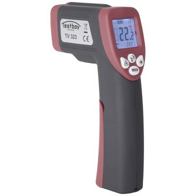 Een infrarood-thermometer toont 22,2 graden Celsius aan. Het heeft een display, zwarte en rode behuizingskleur en drie bedieningsknoppen.