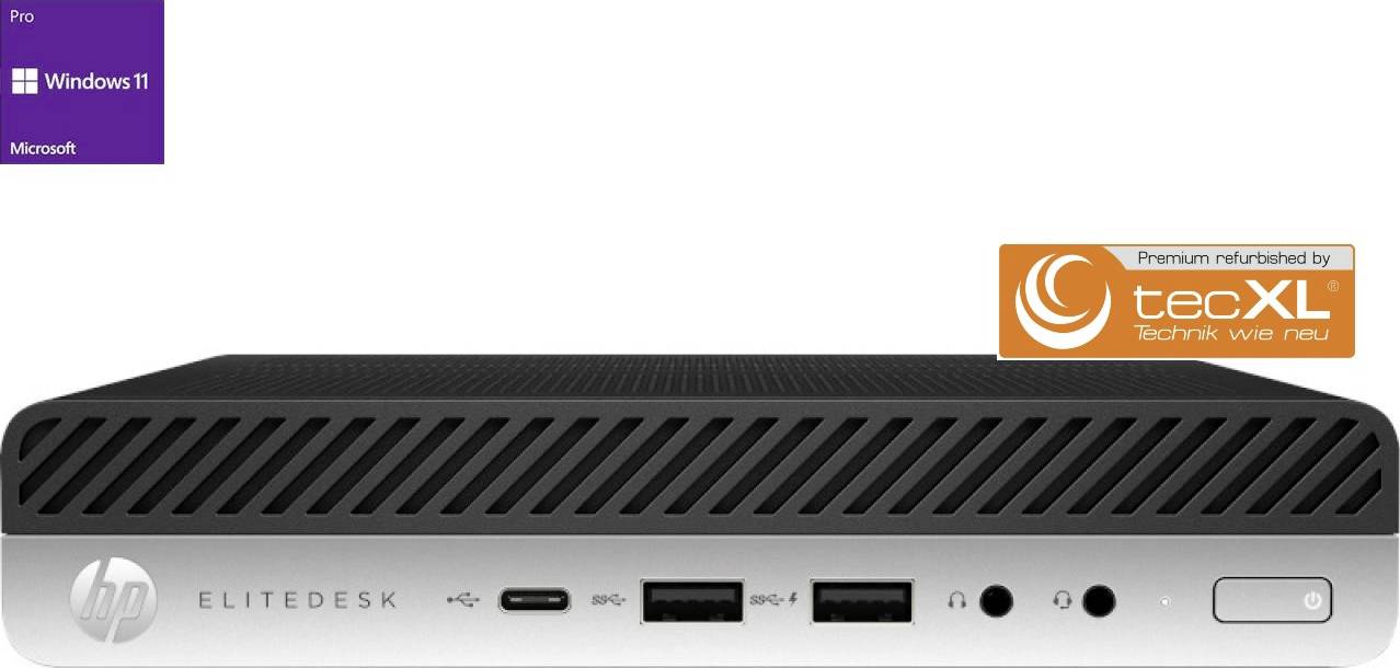 HP EliteDesk Mini-PC, zilverkleurige behuizing met ventilatiesleuven, vooraansluitingen: USB-C, USB, Audio. 'tecXL' logo rechtsboven.