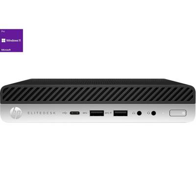 Een HP EliteDesk Mini-PC met meerdere aansluitingen aan de voorkant, inclusief USB en audio. Linksboven het Windows 11 Pro-logo.