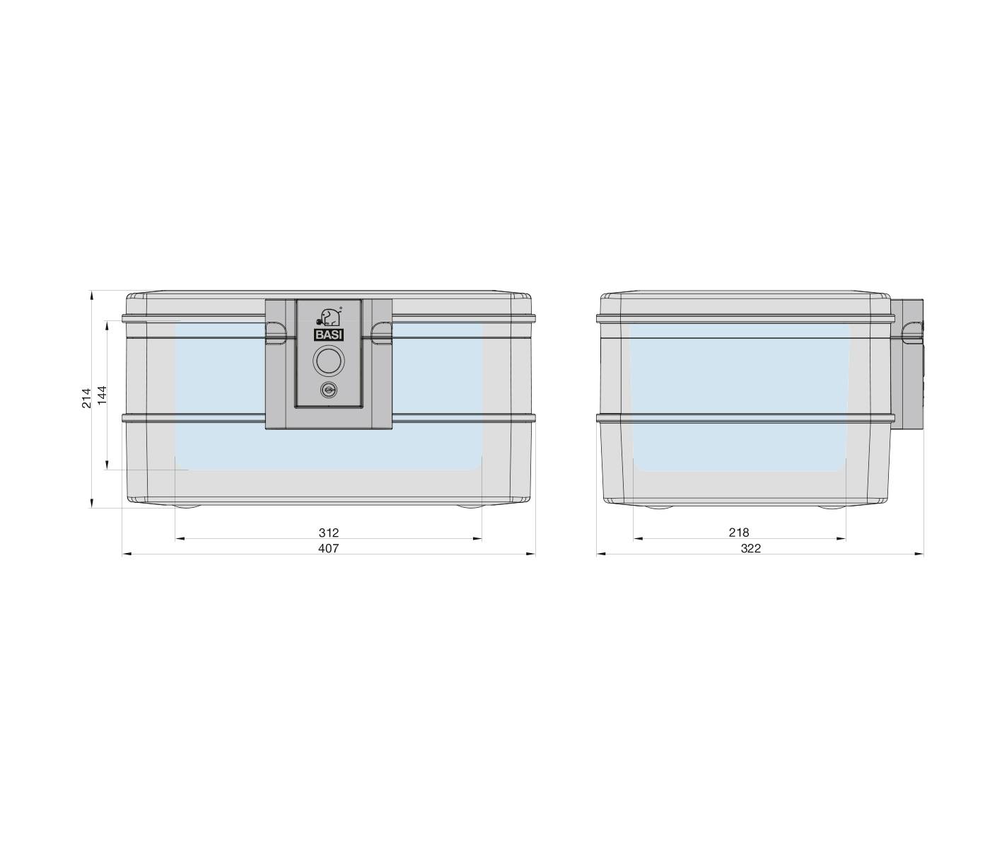 Technische tekening van twee containers, weergegeven met afmetingen. De linker container is 407 mm breed en 144 mm hoog, de rechter is 322 mm breed.