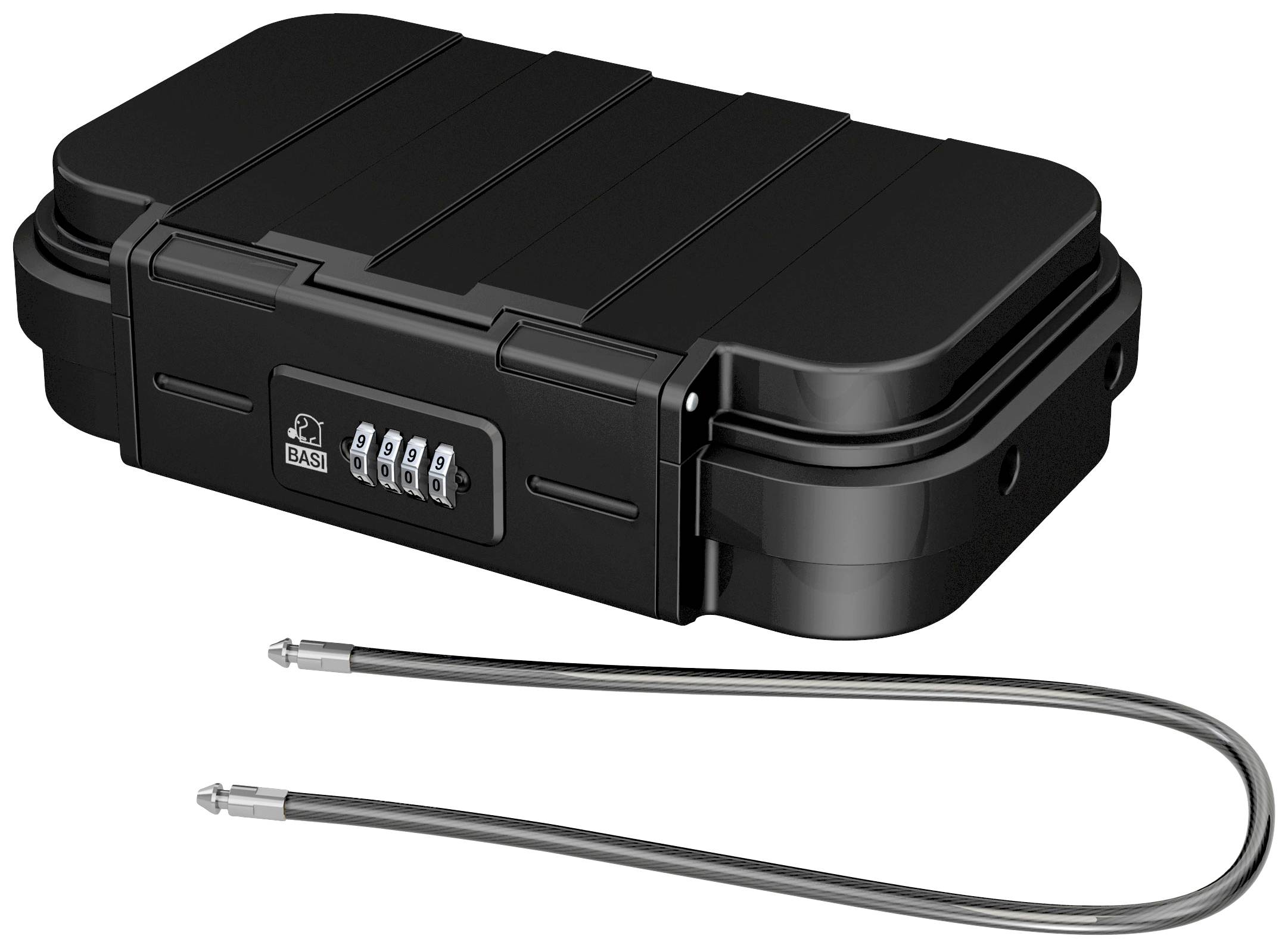 Zwart veiligheidskslot met nummercode. Bevat een lang kabel voor veilige bevestiging. Geschikt voor gebruik onderweg.