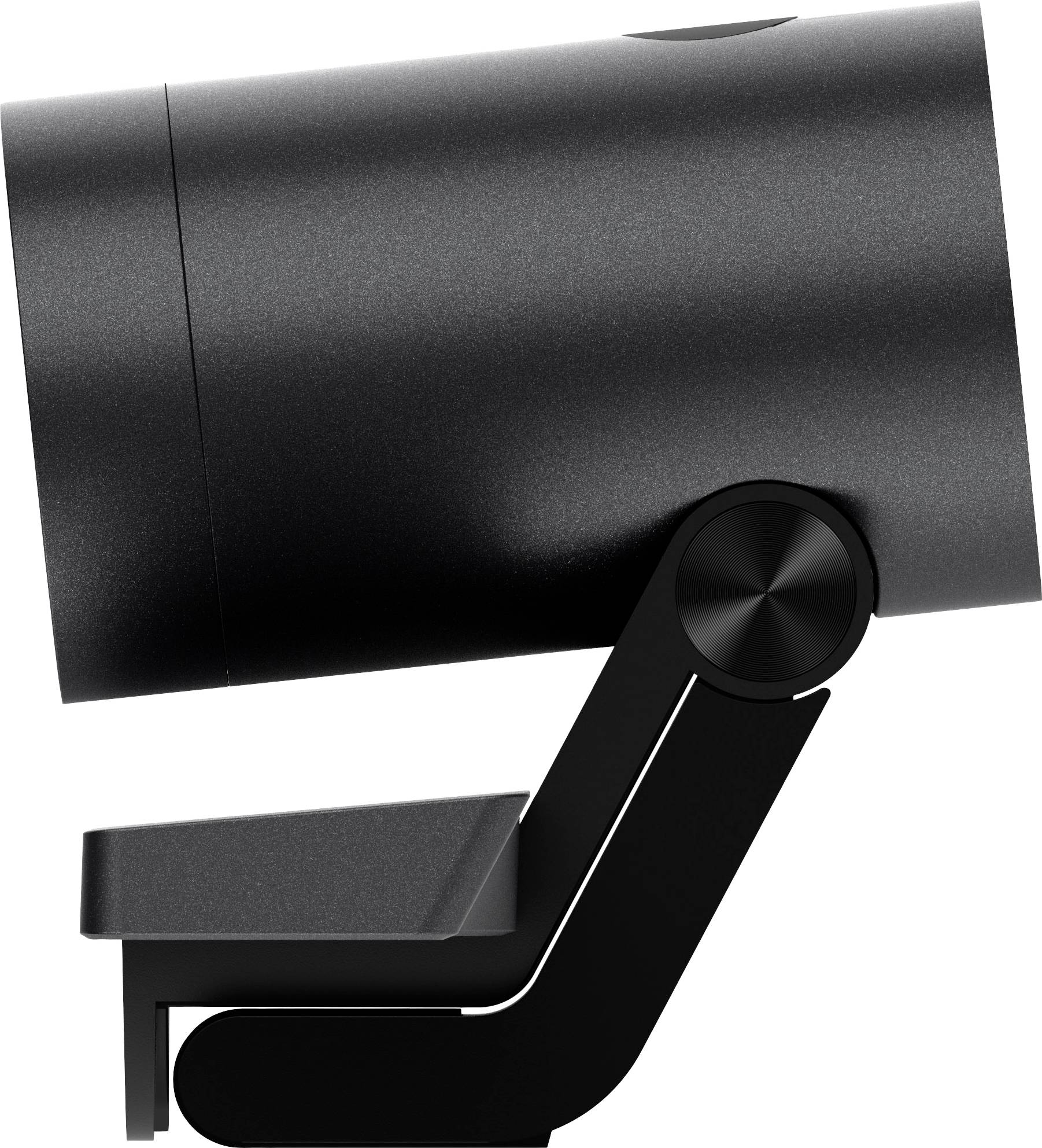 Zwarte, cilindrische luidspreker met draaibare standaard, zijaanzicht.