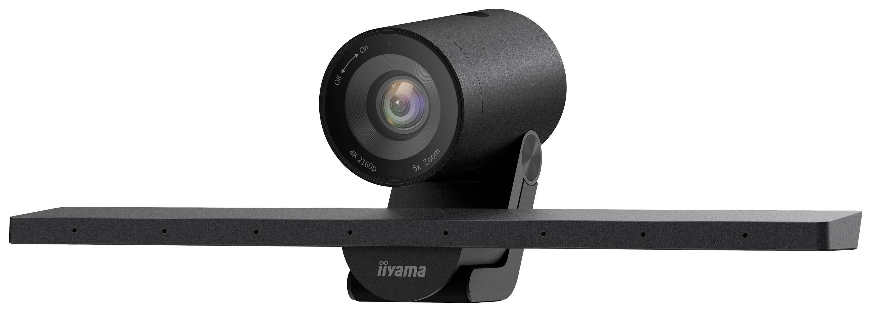 Zwarte webcam met houder, frontaal gericht, op rechthoekige basis.