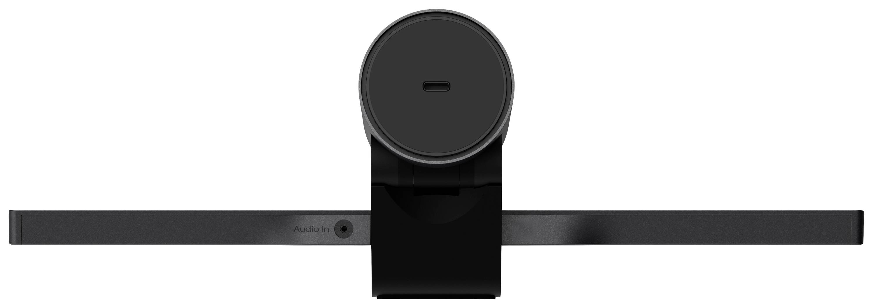 Een zwarte webcam met een brede horizontale balk en een rond camerabehuizing, centraal gemonteerd, voor het opnemen van video's op een computer.