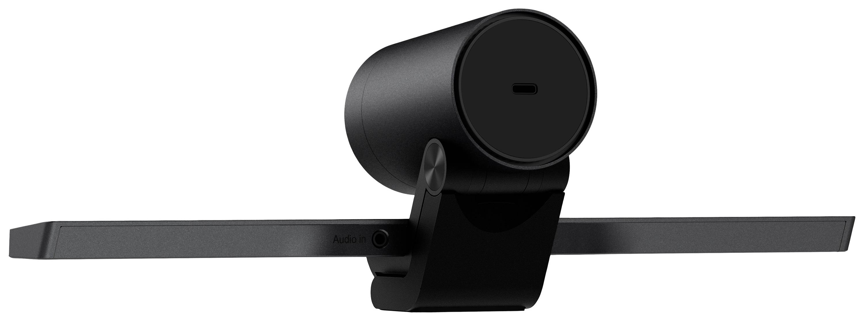 Een zwarte webcam met een modern, minimalistisch ontwerp, gemonteerd op een steun.