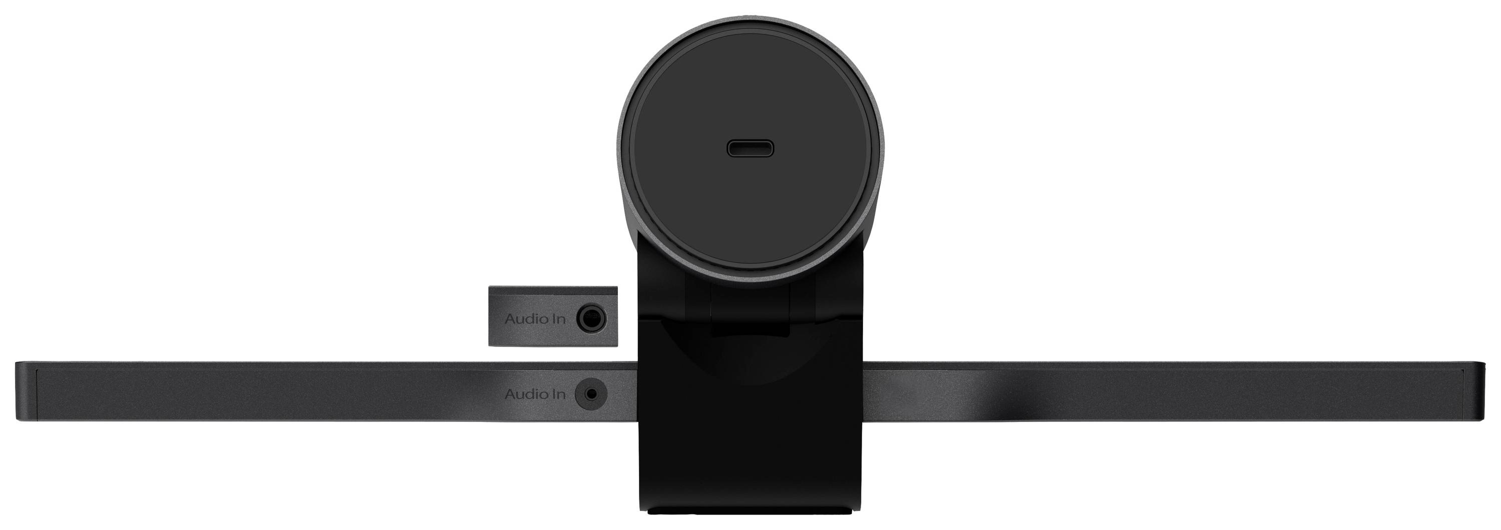 Zwart elektronisch apparaat met een cilindrisch element in het midden en twee zijdelingse armen. Monteerbaar, ontworpen voor mediagebruik.