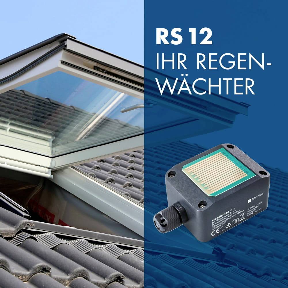 'Open dakraam met regensensor RS 12 naast tekst 'Uw regenwacht'. Sensor moet regen herkennen en het raam bij neerslag sluiten.'