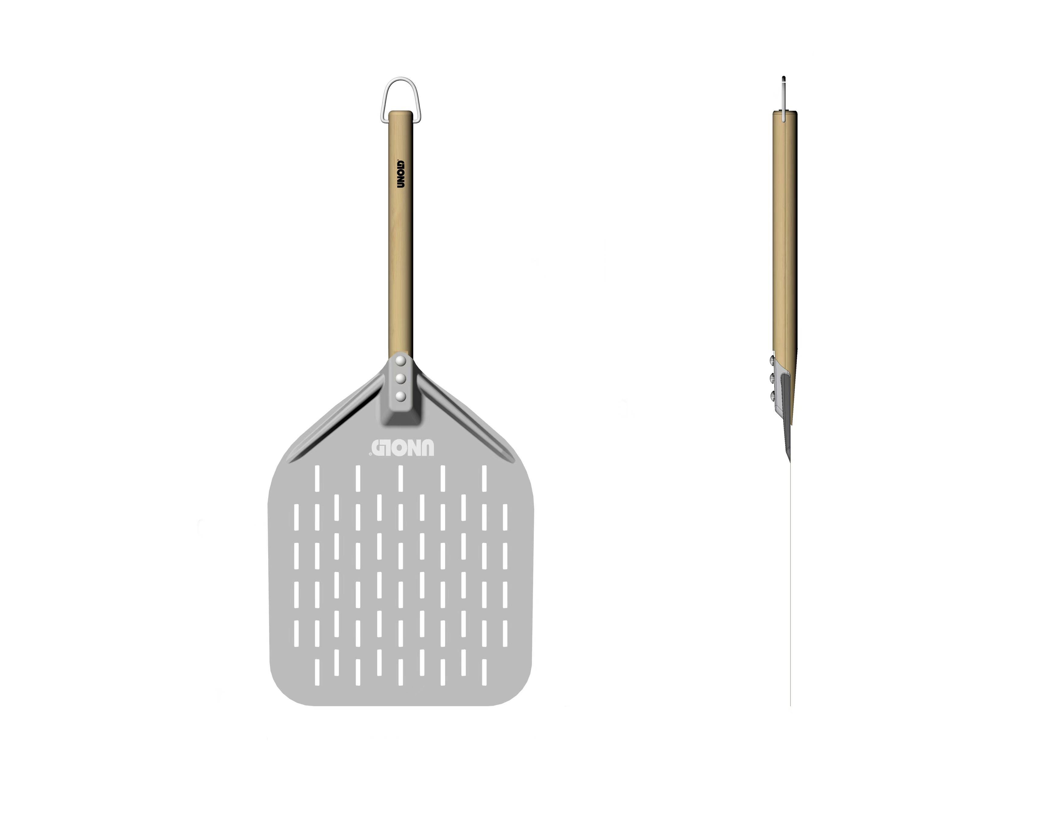 Pizzaschep met geperforeerd roestvrijstalen blad en houten handvat, voor- en zijaanzicht. Ideaal voor het gemakkelijk optillen van pizza's.