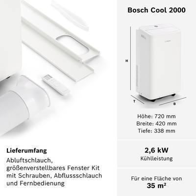 Airconditioning 'Bosch Cool 2000', wit. Hoogte: 720 mm, breedte: 320 mm, diepte: 438 mm. Geschikt voor oppervlakken tot 35 m². 2,6 kW koeling. Accessoires: afvoerslang, raamset, afstandsbediening.