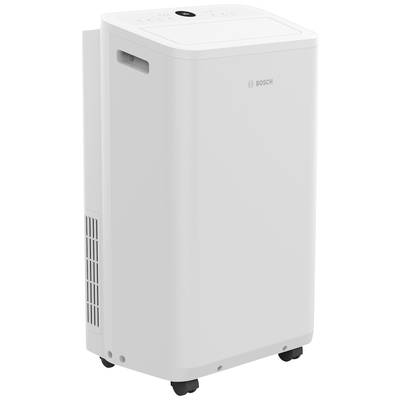 Een witte, rechthoekige luchtontvochter met een digitaal bedieningspaneel bovenop, een zijdelings ventilatierooster en wielen voor mobiliteit.