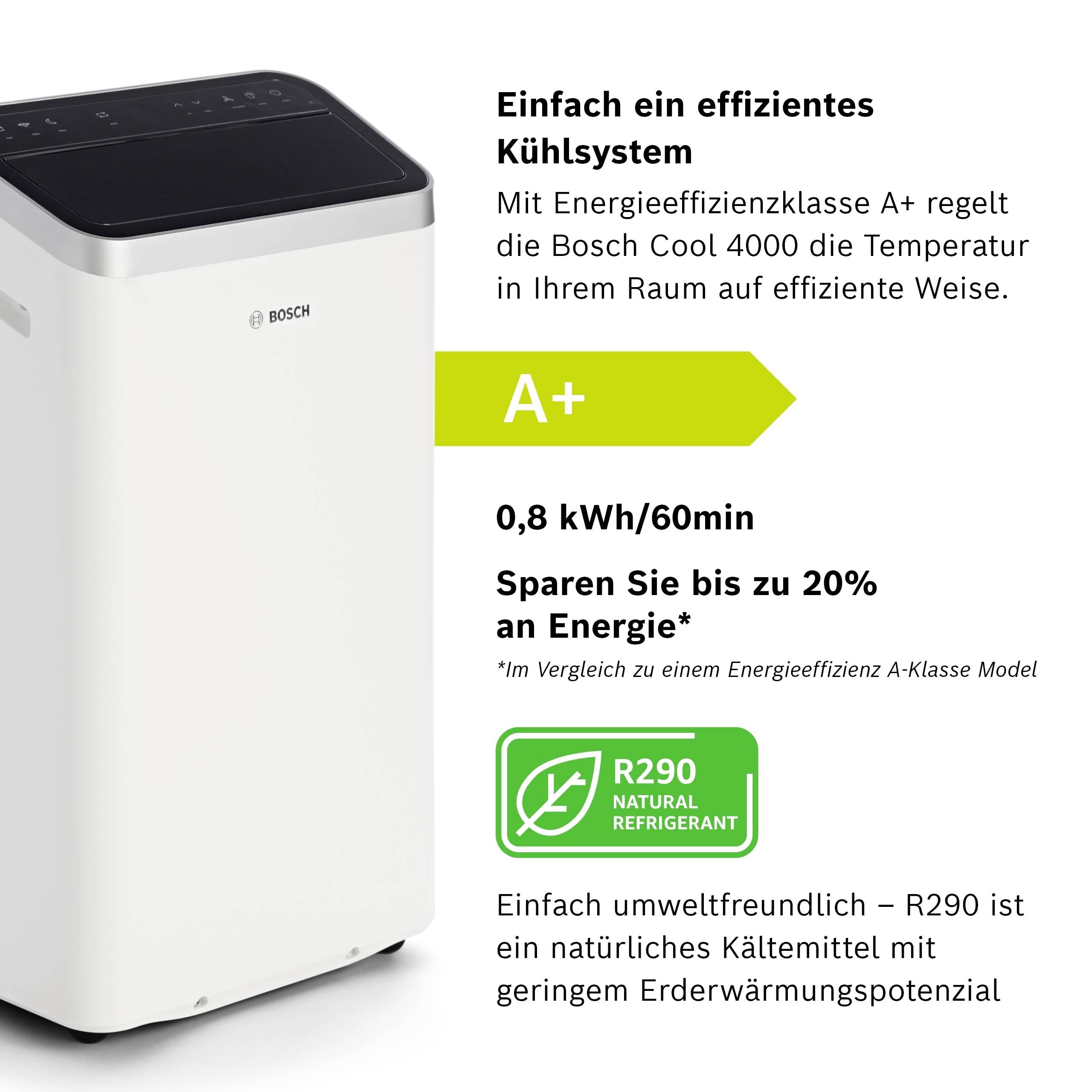 Een mobiele aircooler van Bosch. De tekst beschrijft energie-efficiënte koeling, bespaart 20% energie, gebruikt milieuvriendelijk koelmiddel R290.