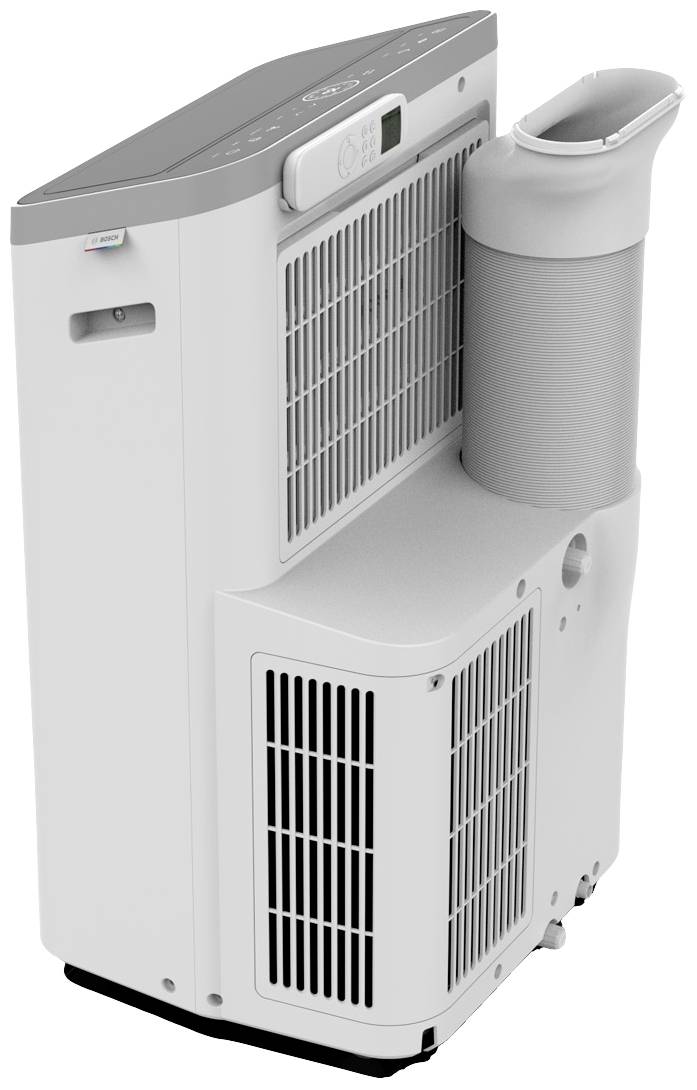 Draagbare airconditioning in het wit met ventilatiesleuven, bedieningspaneel bovenaan en een aangesloten luchtafvoerslang.