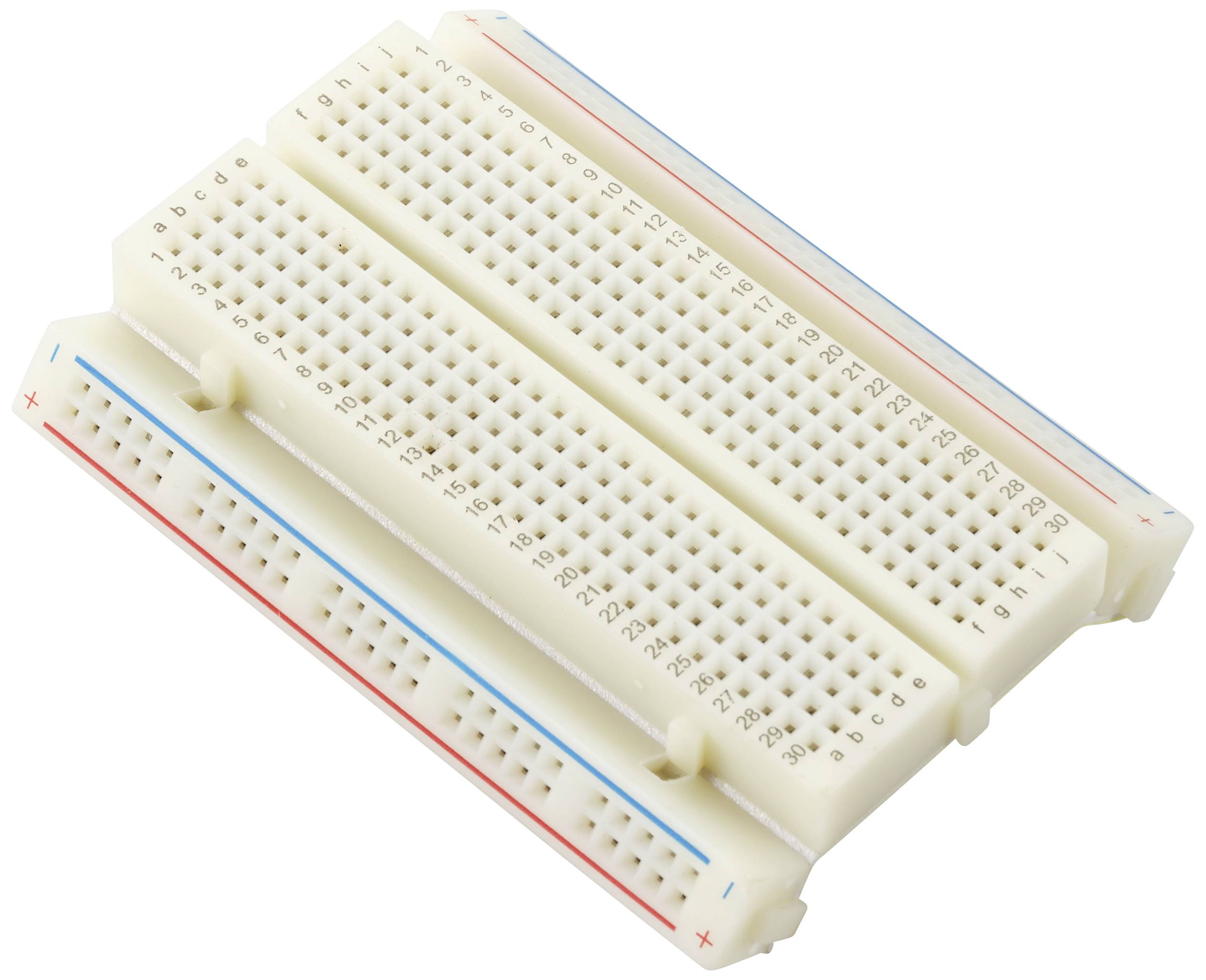 Breadboard met rode en blauwe markeringen aan beide zijden, voor schakelingsontwikkeling zonder solderen.