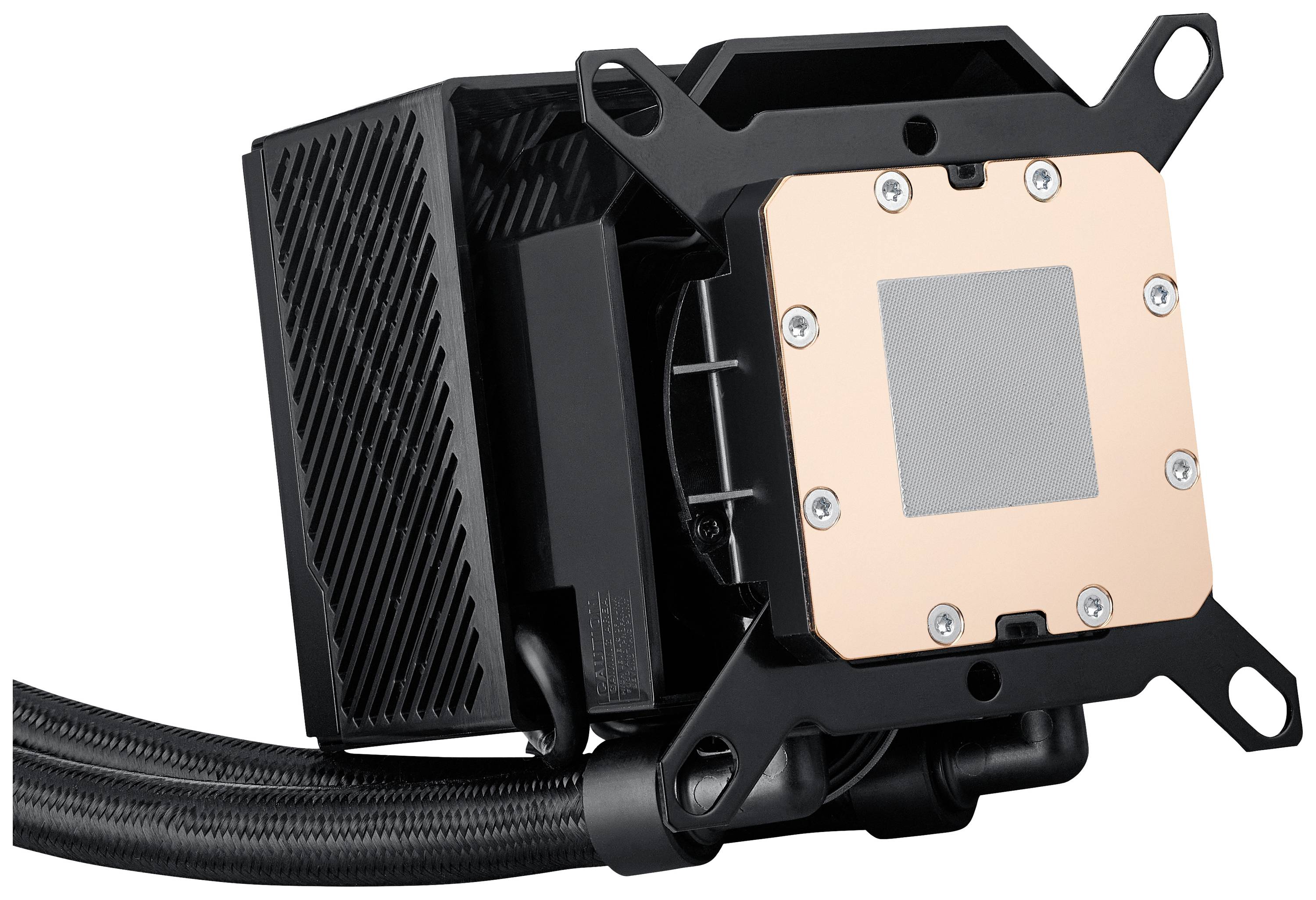 Een zwarte CPU-waterkoeling met koperen plaat, zichtbare schroeven en slangen, op witte achtergrond.