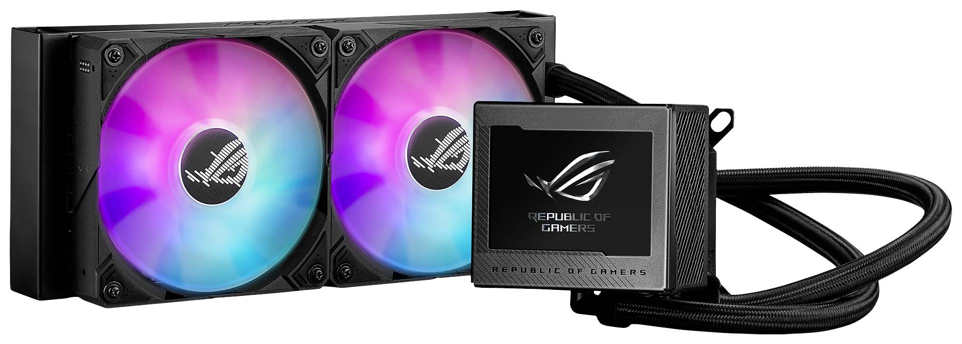 Een pc-waterkoeler met twee oplichtende ventilatoren in roze en blauw. Het 'Republic of Gamers' logo prijkt op de pomp.