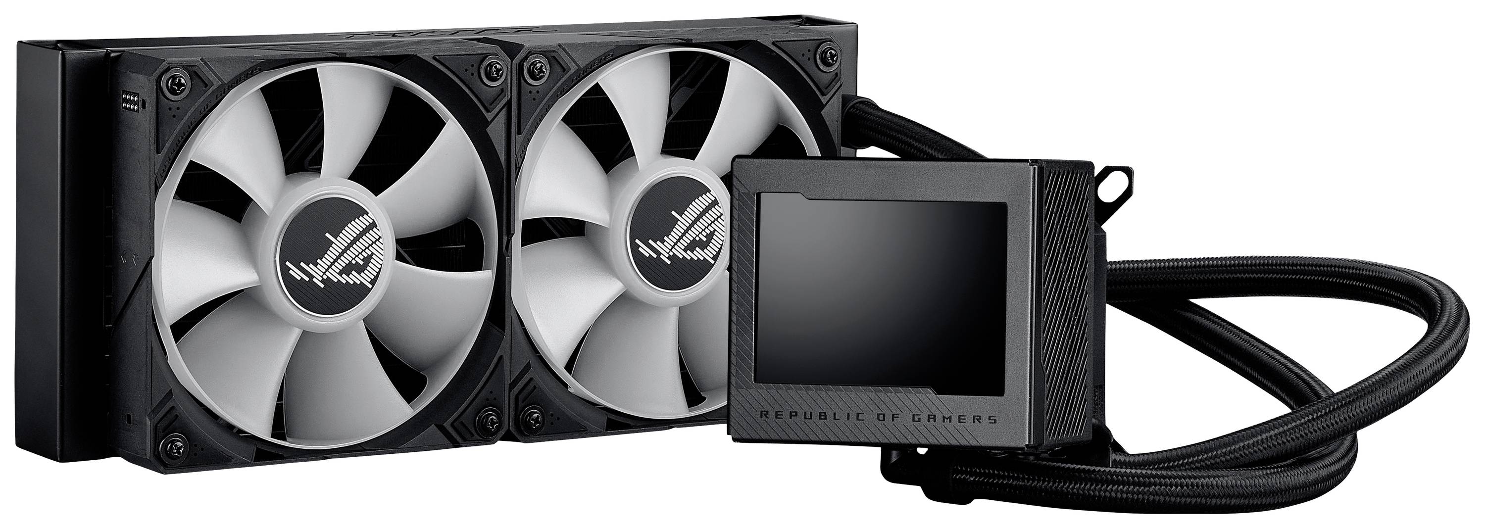 Vloeistofkoeler met twee ventilatoren en een digitaal display, geschikt voor krachtige computerprocessoren voor warmteafvoer.