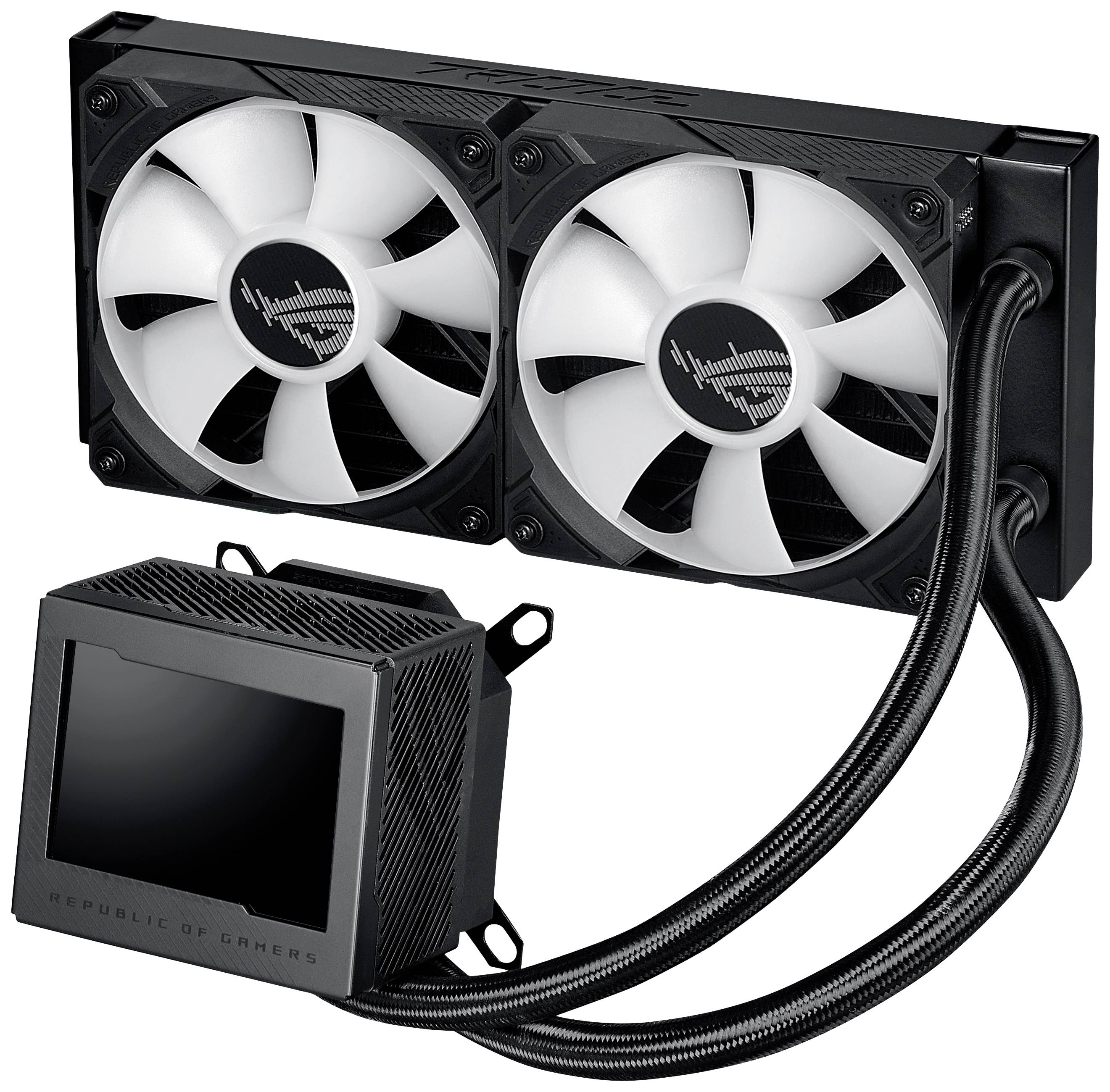 Computervochtkoeling met twee ventilatoren en een koelblok, verbonden door slangen. Ontworpen voor gaming-pc's om de temperatuur te reguleren.