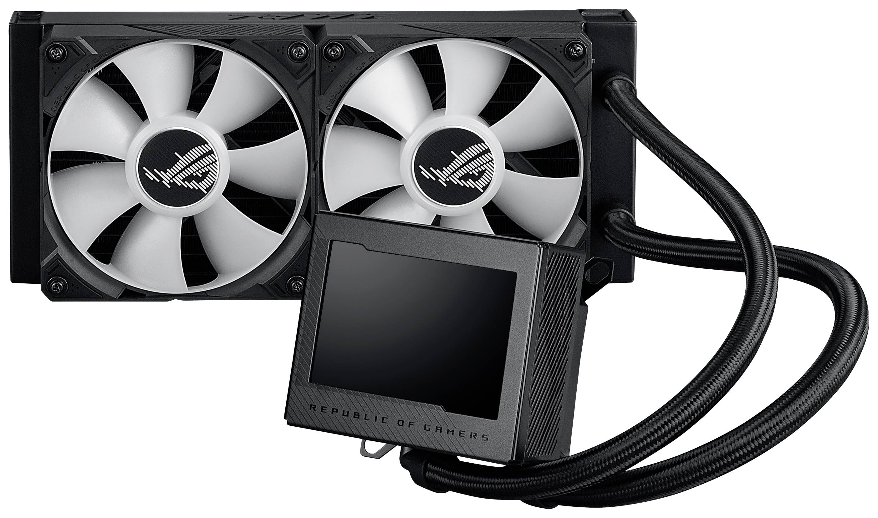 Twee computerventilators met een zwarte koelbehuizing en slangen, waarschijnlijk onderdeel van een pc-waterkoelsysteem.