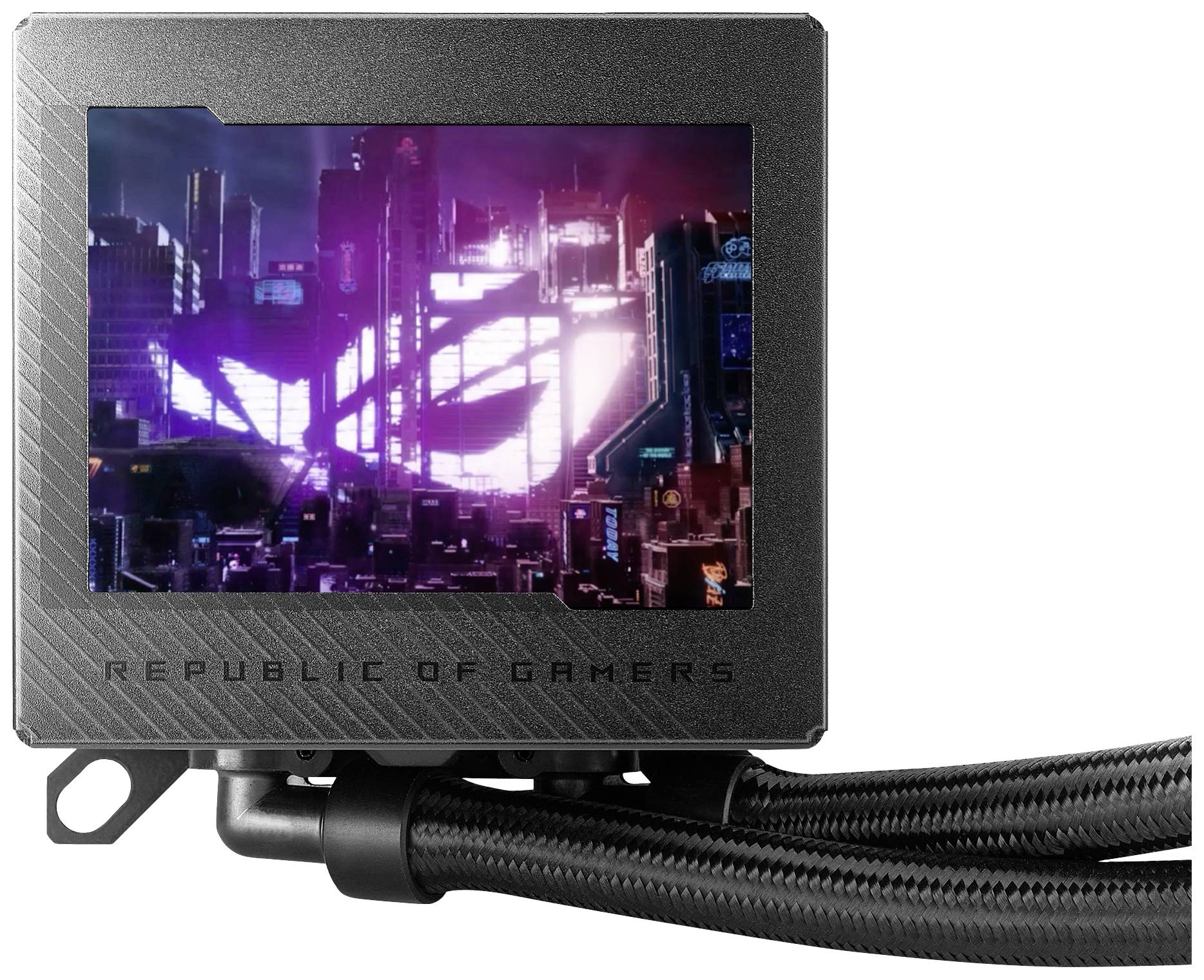 Een digitaal display toont een futuristische stadsaanblik met lichtgevende verlichting en de tekst 'Republic of Gamers'.