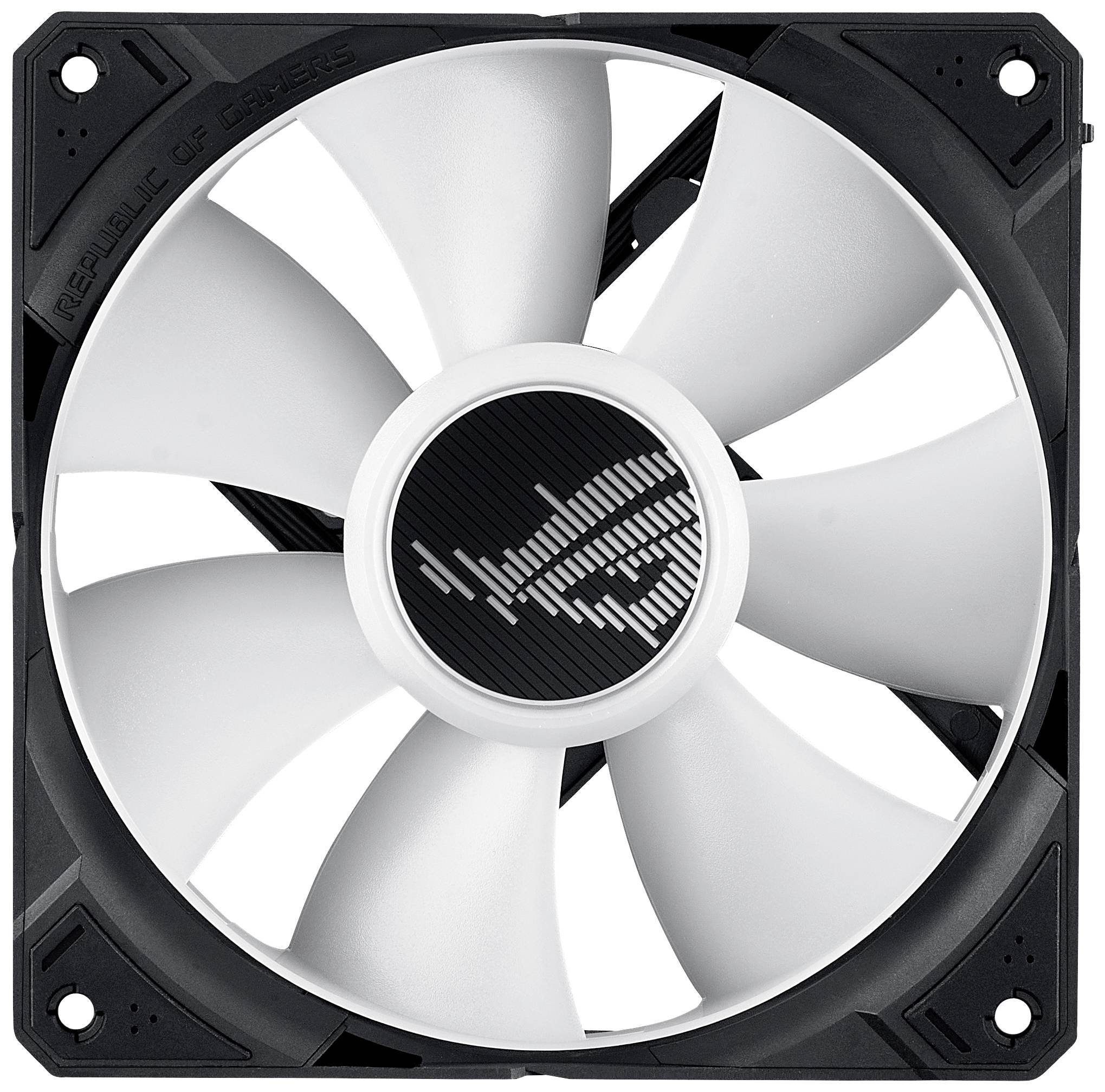 Een computerventilator met witte ventilatorbladen en een zwarte behuizing; op de naaf is een gestileerd logo afgebeeld.