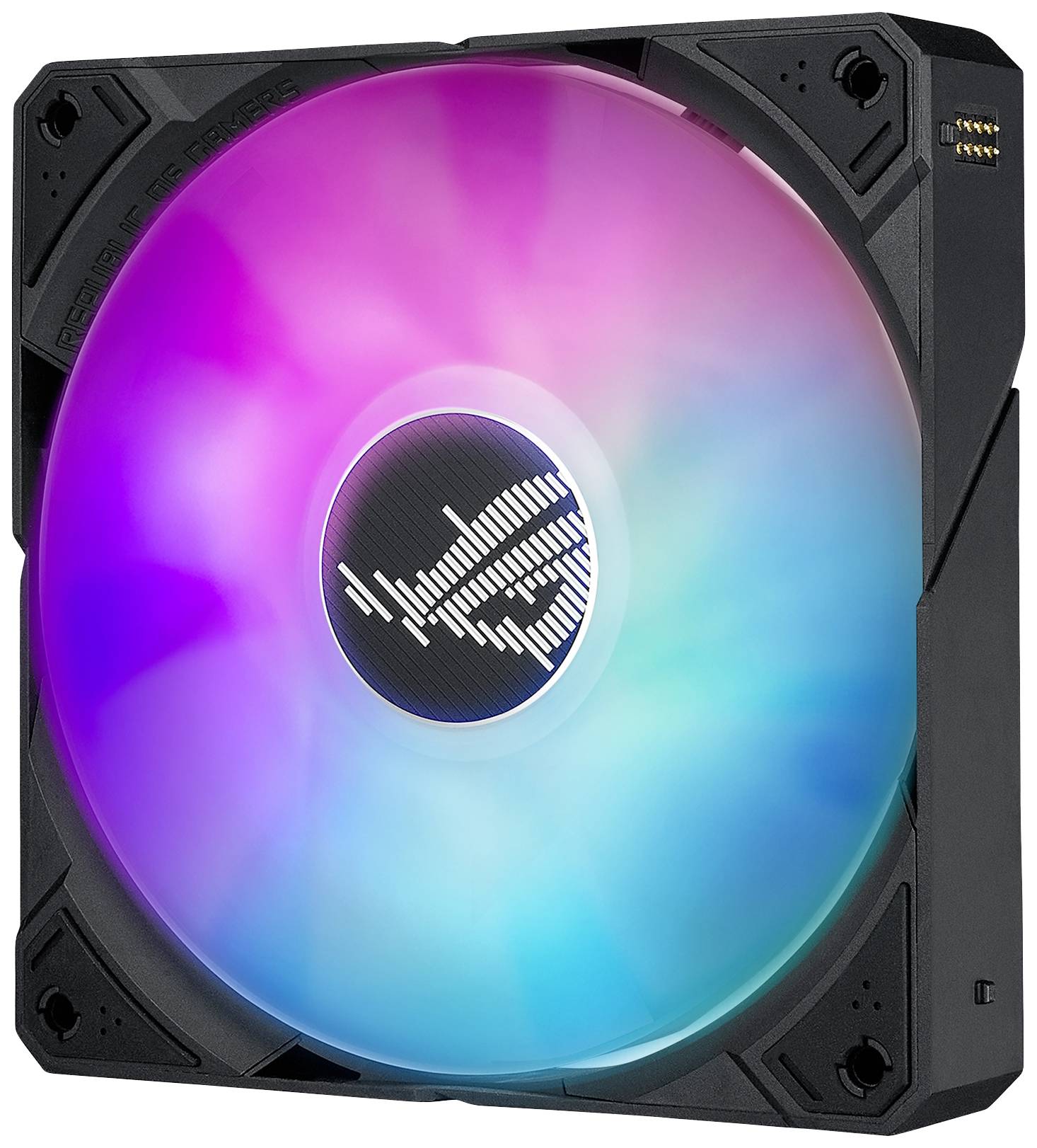 Ventilator met RGB-verlichting, verlicht in verschillende kleuren. Voornamelijk roze en blauw. Ingebouwd in een donker frame.