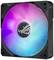 Ventilator met RGB-verlichting, verlicht in verschillende kleuren. Voornamelijk roze en blauw. Ingebouwd in een donker frame.